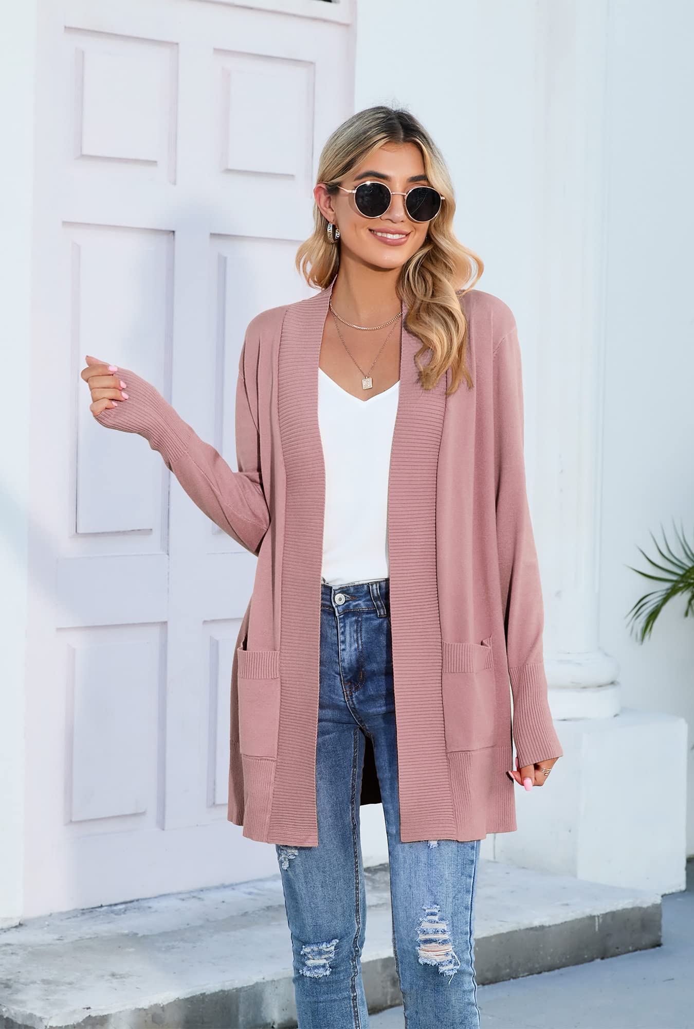 SUEANI Women's Open Front Long Sleeve Knit Cardigan with Pockets - Soft Casual Sweater for Fall & Winter, Perfect for Office, Lounge and Coffee Dates