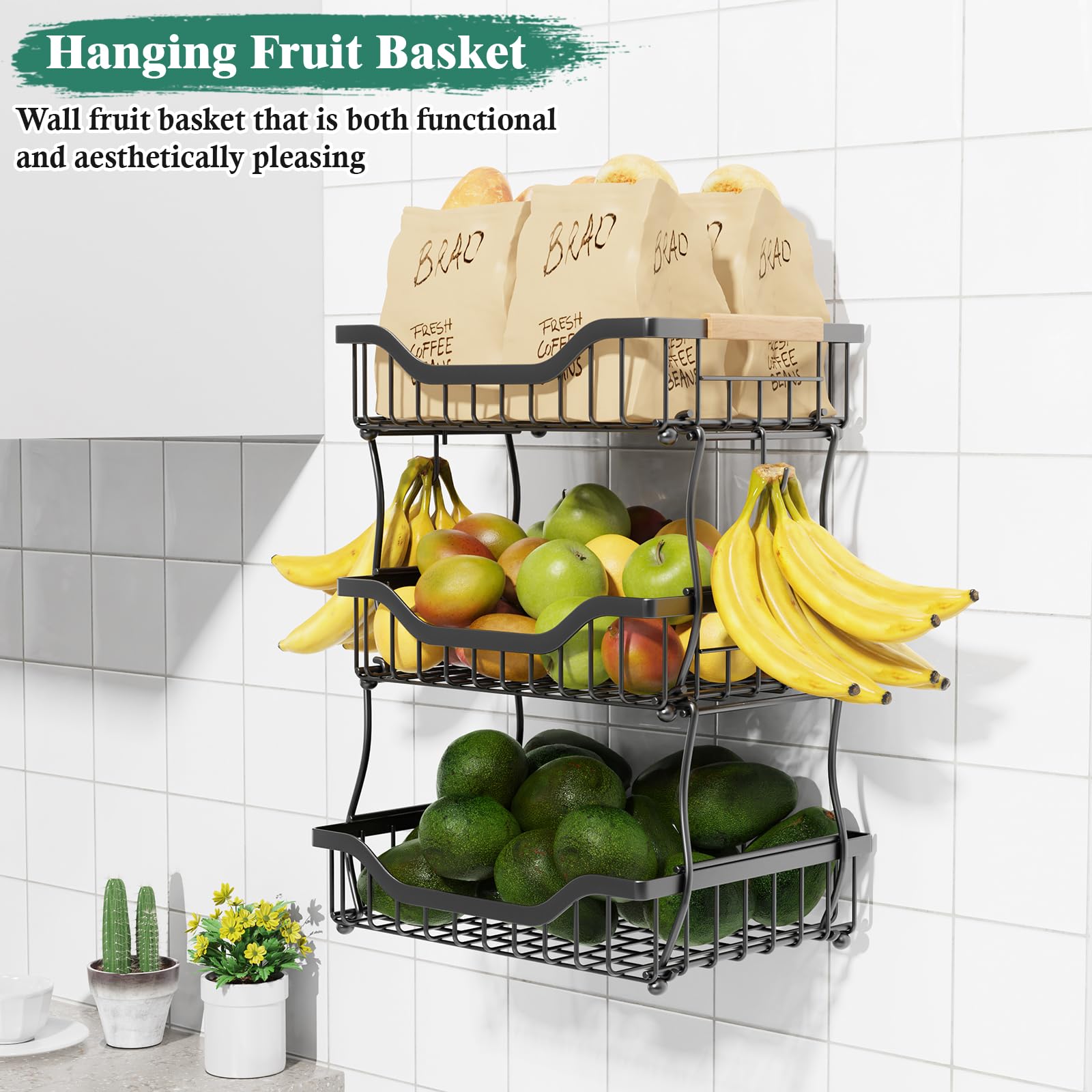 3-Tier Fruit Basket with Banana Hangers - Wall Mount & Countertop Kitchen Organizer for Fruits, Vegetables, Bread, Snacks - Perfect for Small Kitchen Storage & Pantry Organization (Ideal for Apartments, Dorms & Counter Space Saving)