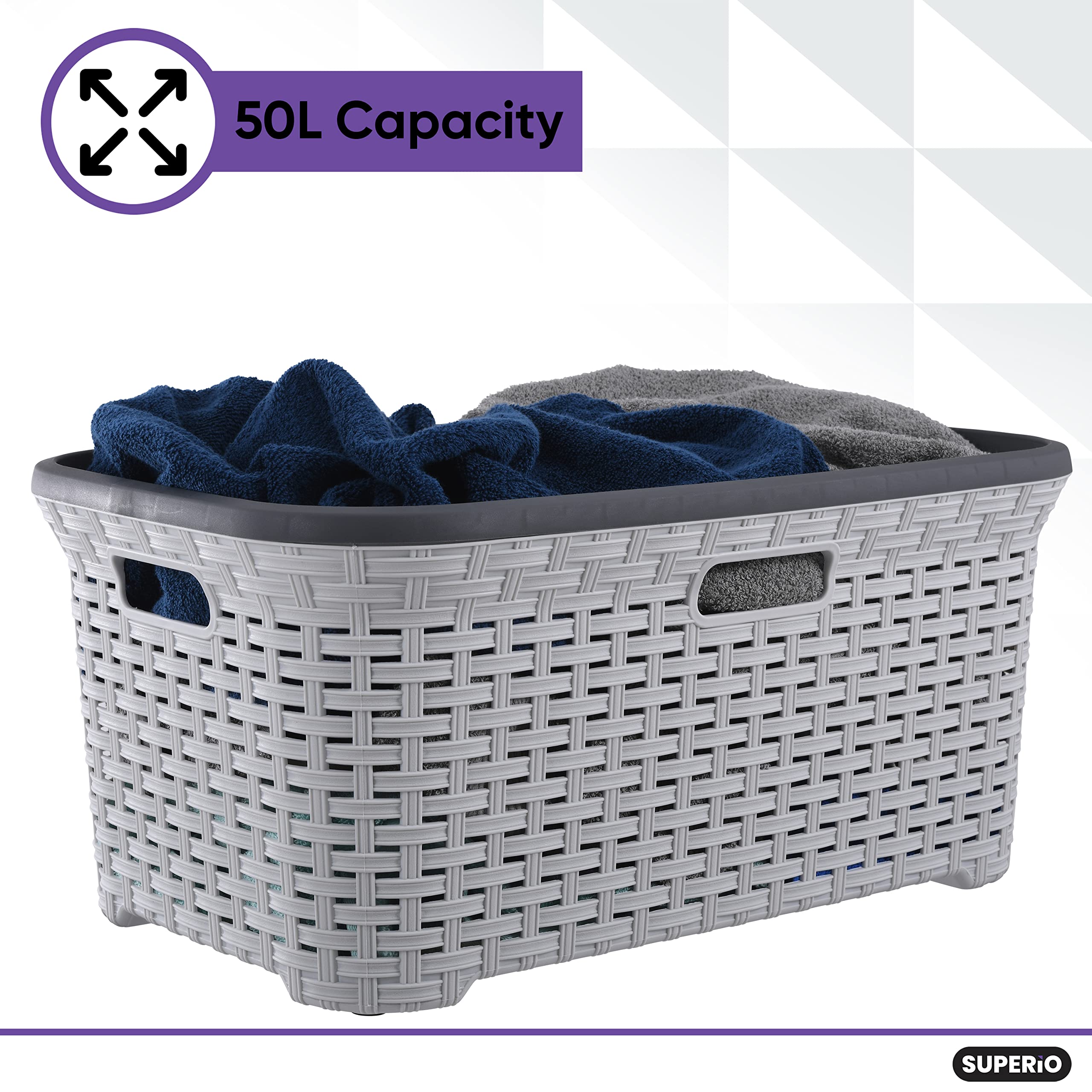 Plastic Laundry Basket with Cut-Out Handles - 50L White Wicker Design Storage Hamper for Clothes Organization | Space-Saving for Laundry Room, Bedroom & Bathroom | Perfect for Home, Dorm, and Apartment Use