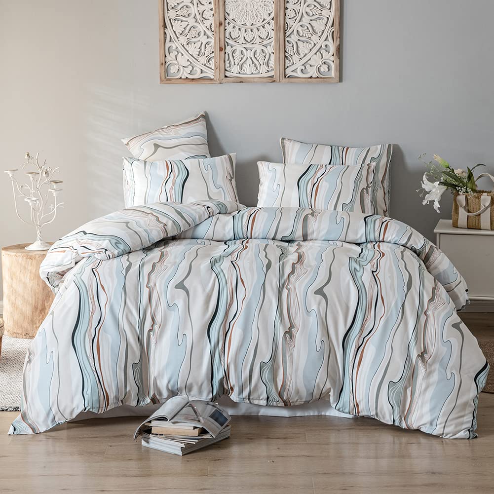 Nayoroom 3-Piece Queen Size Abstract Art Duvet Cover Set - Blue Yellow Striped Geometric Print, Ultra Soft Microfiber Bedding with Zipper & Corner Ties | Modern Home Decor for Master Bedroom, Guest Room & Dorm