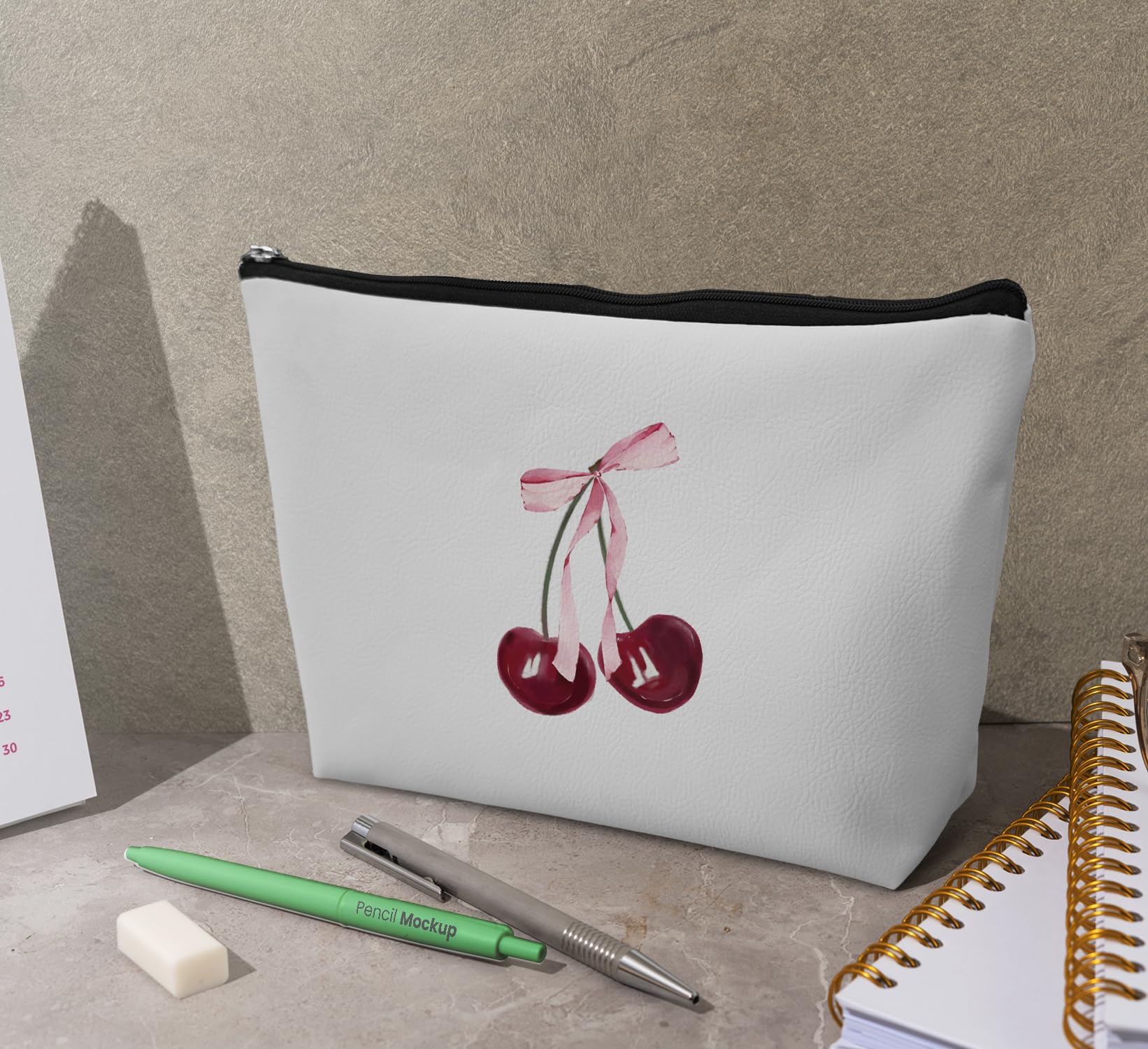 Trendy Pink Bow Cherry Leather Makeup Bag - Travel Toiletry Organizer for Women & Gifts