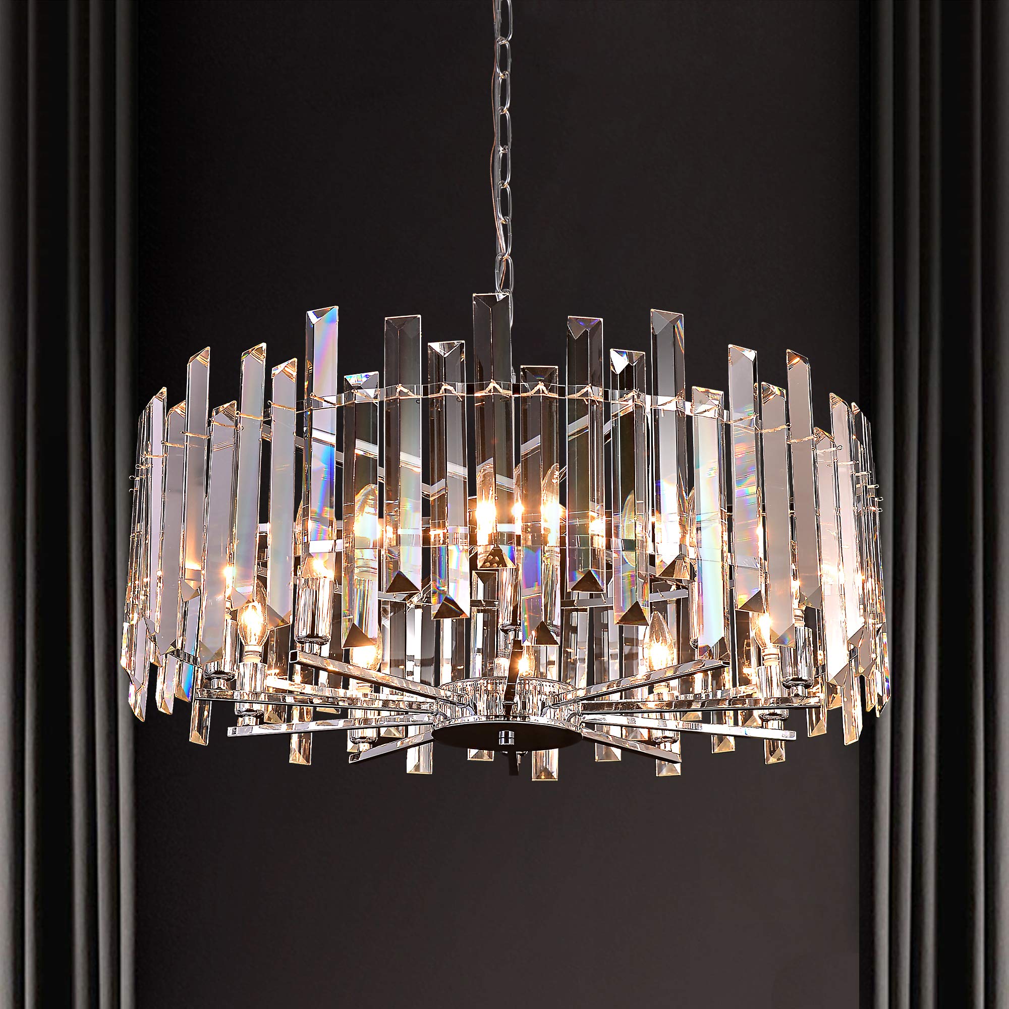 Modern Crystal Chandelier Lighting - Chrome Pendant Ceiling Light Fixture - Contemporary Island Chandelier with Dimmable Function (D27.56) for Living Room, Dining Room, Bedroom & Foyer - Perfect for Home Decor, Wedding Venues and Luxury Interior Design