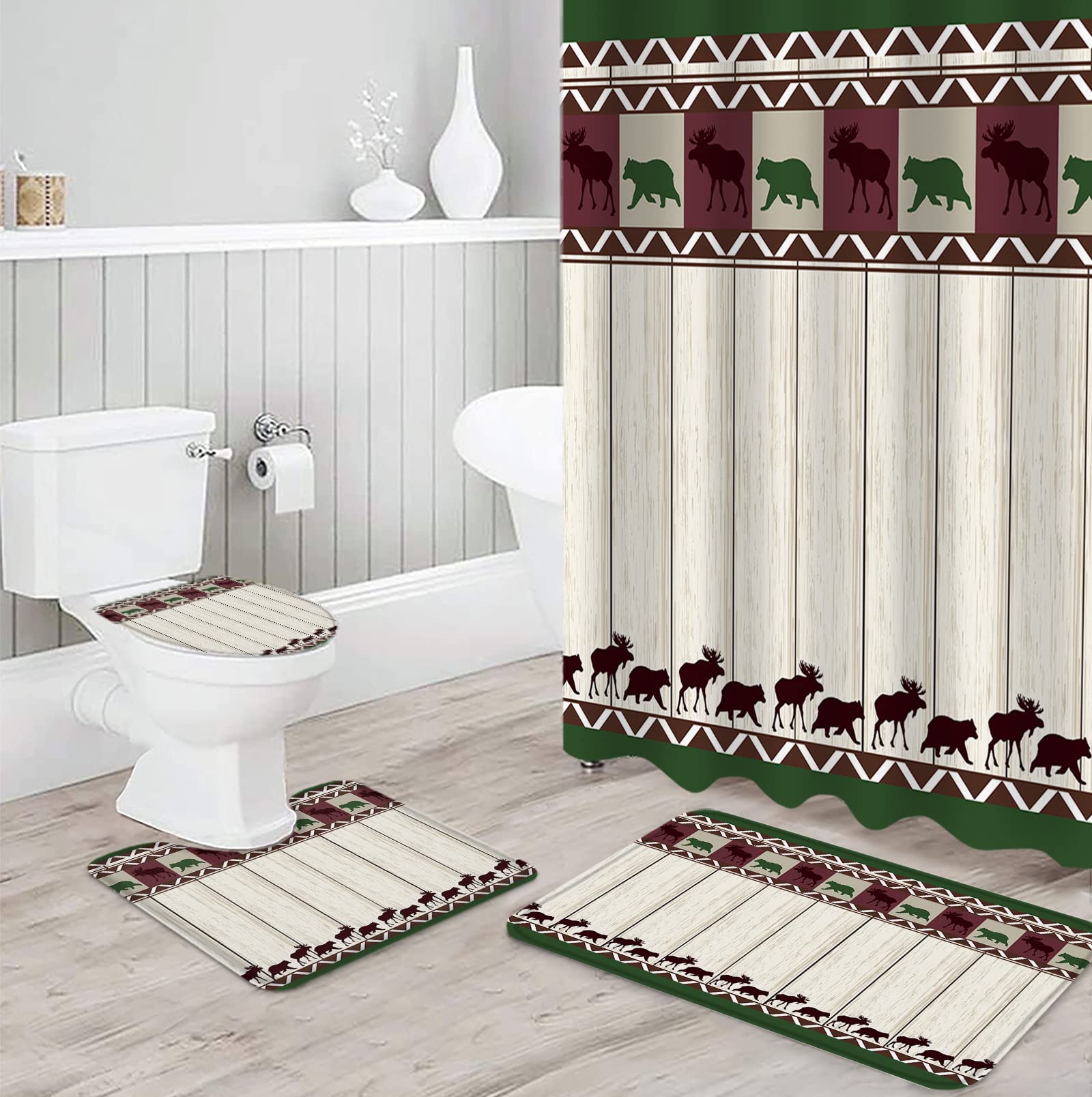 4-Piece Waterproof Shower Curtain Set with Non-Slip Bath Rugs - Bear Deer Farm Woodland Theme, Retro Stripe Bathroom Decor Includes Toilet Lid Cover & Floor Mat | Perfect for Rustic, Farmhouse & Nature-Inspired Bathroom Designs