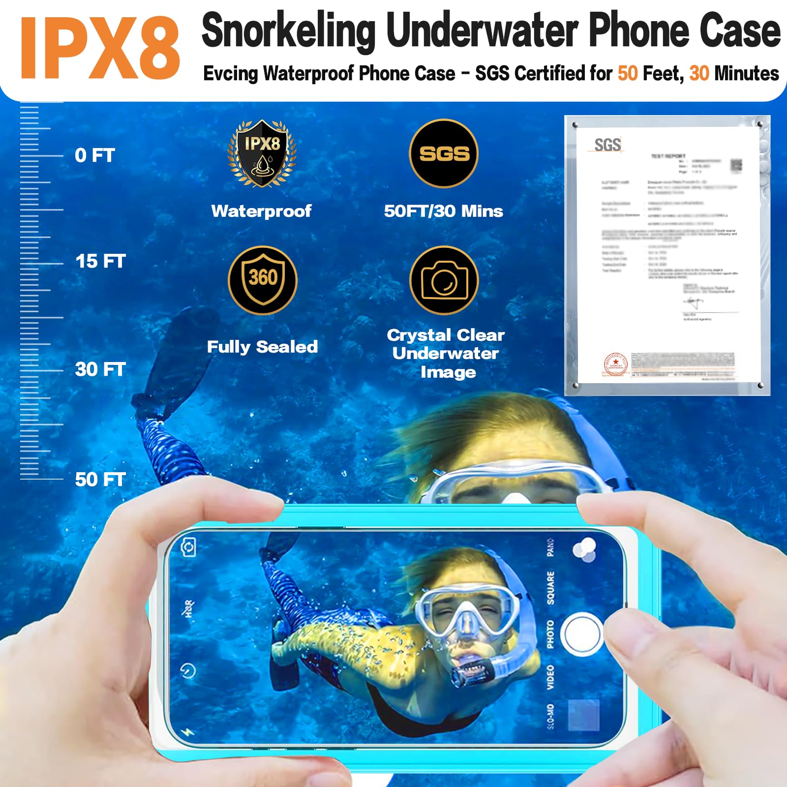 Waterproof Phone Case IPX8 - Underwater Diving & Snorkeling Protection for iPhone 16 Pro Max/15/14/Galaxy S24 (Up to 6.9 Inch) - 360° Full Body Shockproof Cover - Perfect for Beach, Pool, Cruise & Water Sports (Cyan Blue)