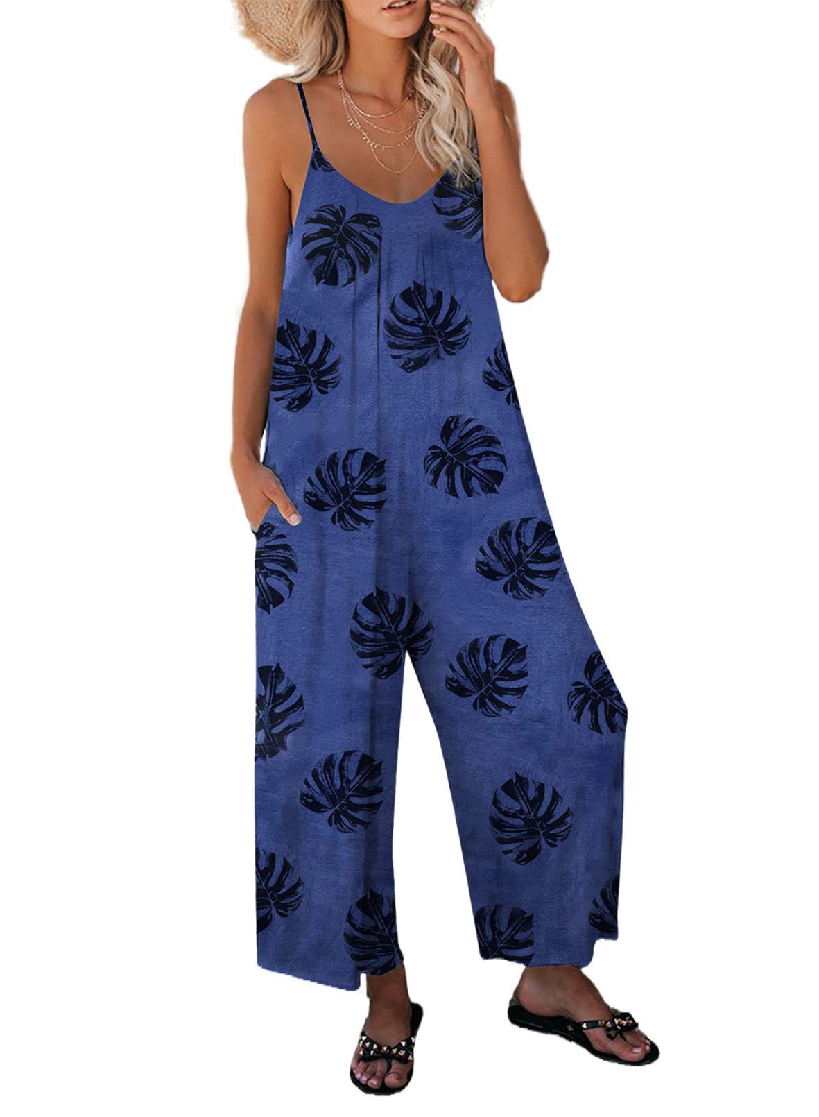 Dokotoo Women's Loose Sleeveless Jumpsuit - Adjustable Spaghetti Strap Stretchy Long Pant Romper with Pockets | Summer Casual Outfit, Beach Cover Up, Lounge Wear, Travel Jumpsuit