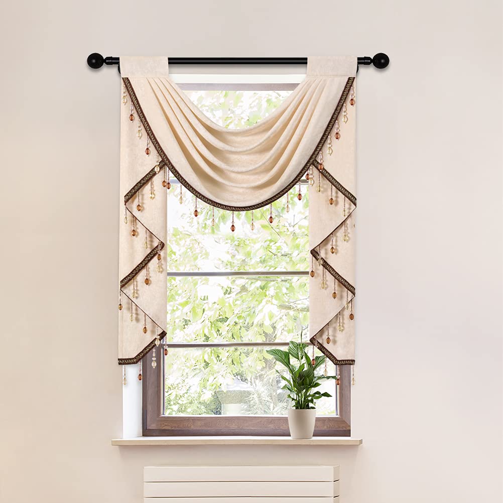 ELKCA Beige Chenille Waterfall Valance - Single Hollow Swag Curtain Panel with Rod Pocket for Living Room, Bedroom & Kitchen - Elegant Window Treatment for Home Decor