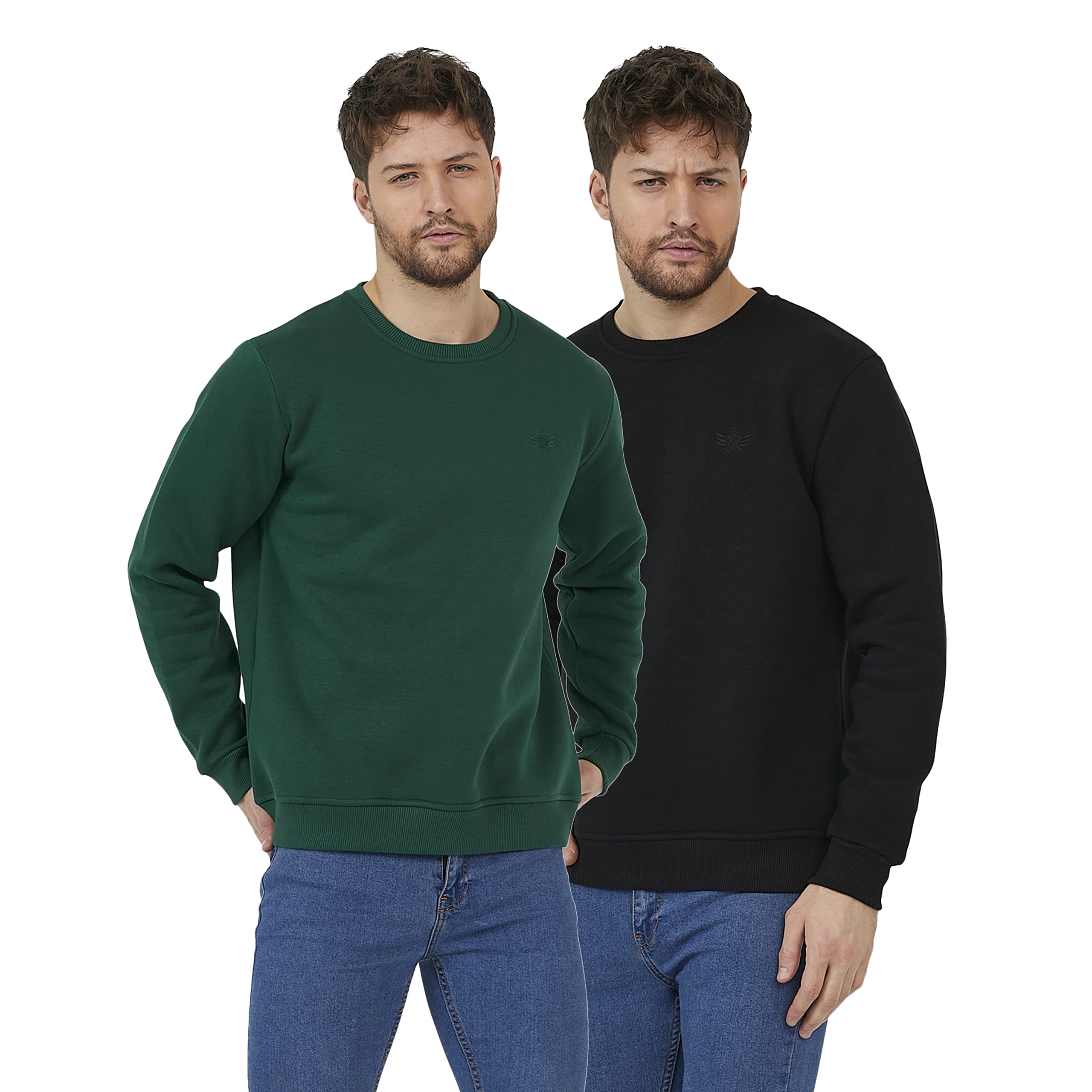 Kandor Men's 2 Pack Plain Crew Neck Sweatshirt - Casual Jumper Top for Everyday Wear, Lounge & Outdoor Activities