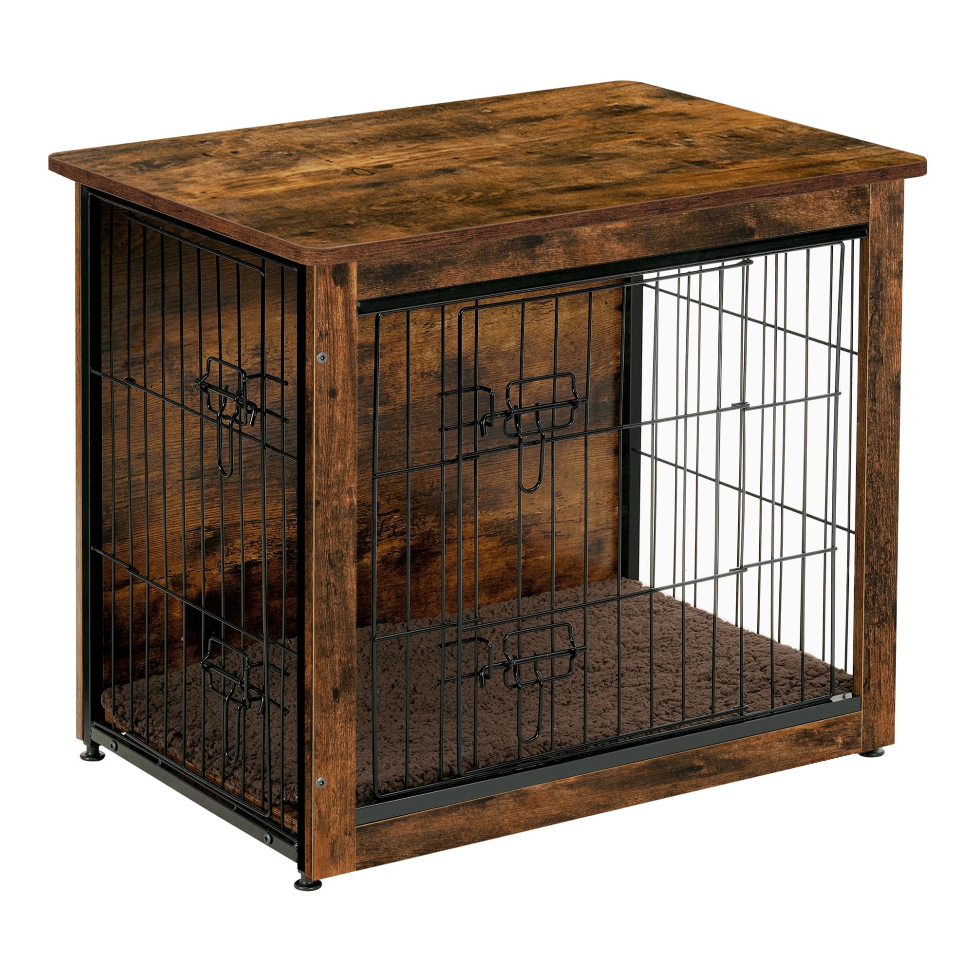 DWANTON Wooden Dog Crate Furniture with Cushion - Double Door Indoor Kennel Table for Small Medium Large & XL Dogs (27.2