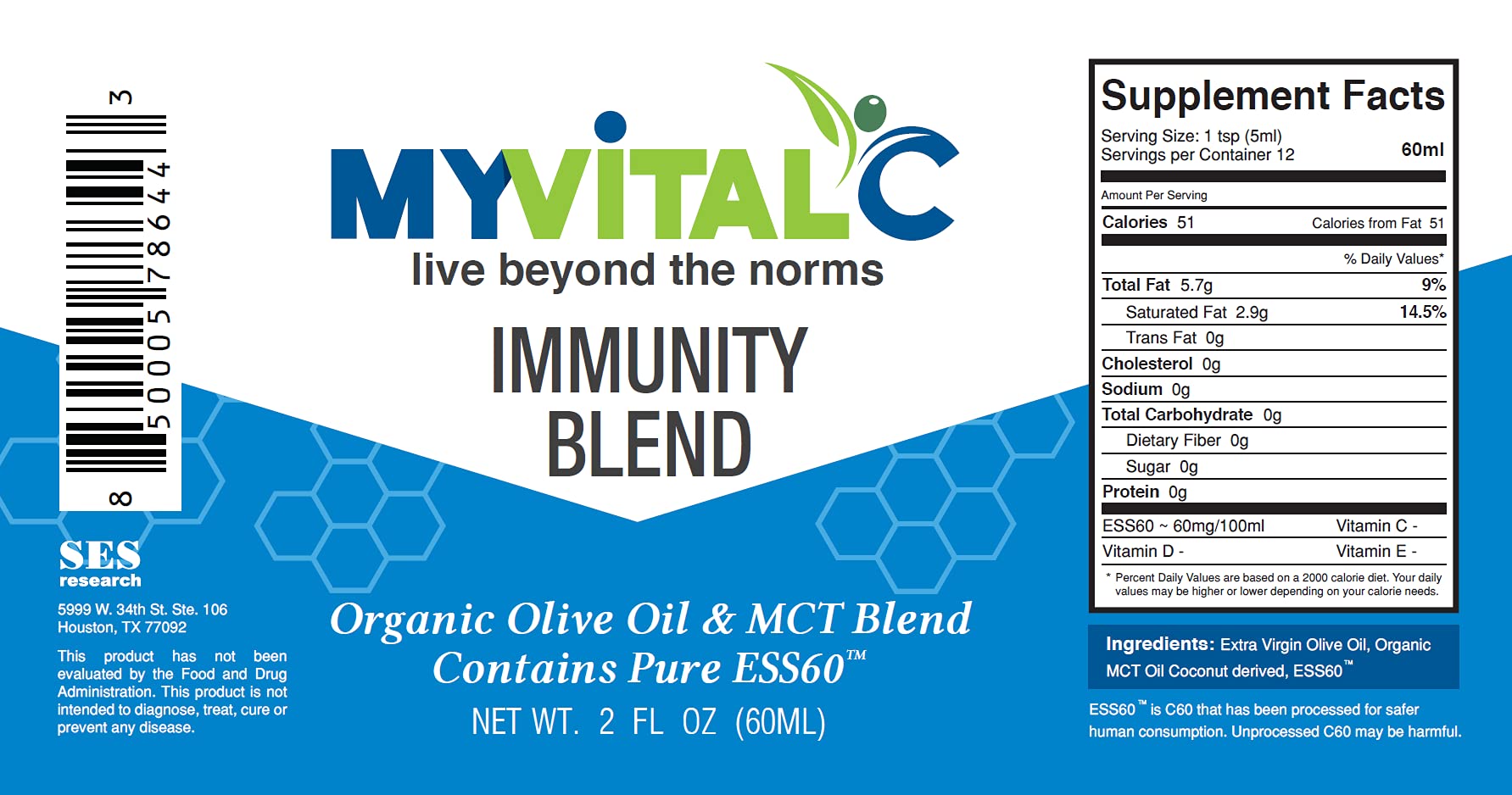 Organic Immunity Blend with Extra Virgin Olive Oil & MCT Oil - 120ml ESS60 Supplement for Focus, Sleep, Antioxidant & Energy - Boost Longevity & Immune Support - Perfect for Daily Wellness & Cognitive Enhancement