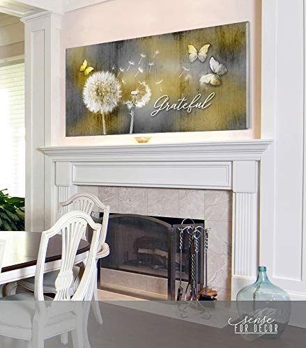 Grateful Dandelions & Butterfly Wall Art - Rustic Bedroom Decor Pictures (42x19 Inch, Yellow) for Home, Living Room & Office Wall Decoration
