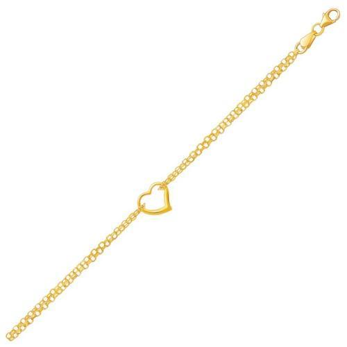 14K Yellow Gold Double Rolo Chain Anklet with Open Heart Station - 10 Inch Adjustable Ankle Bracelet for Women, Perfect for Beach, Wedding & Everyday Wear