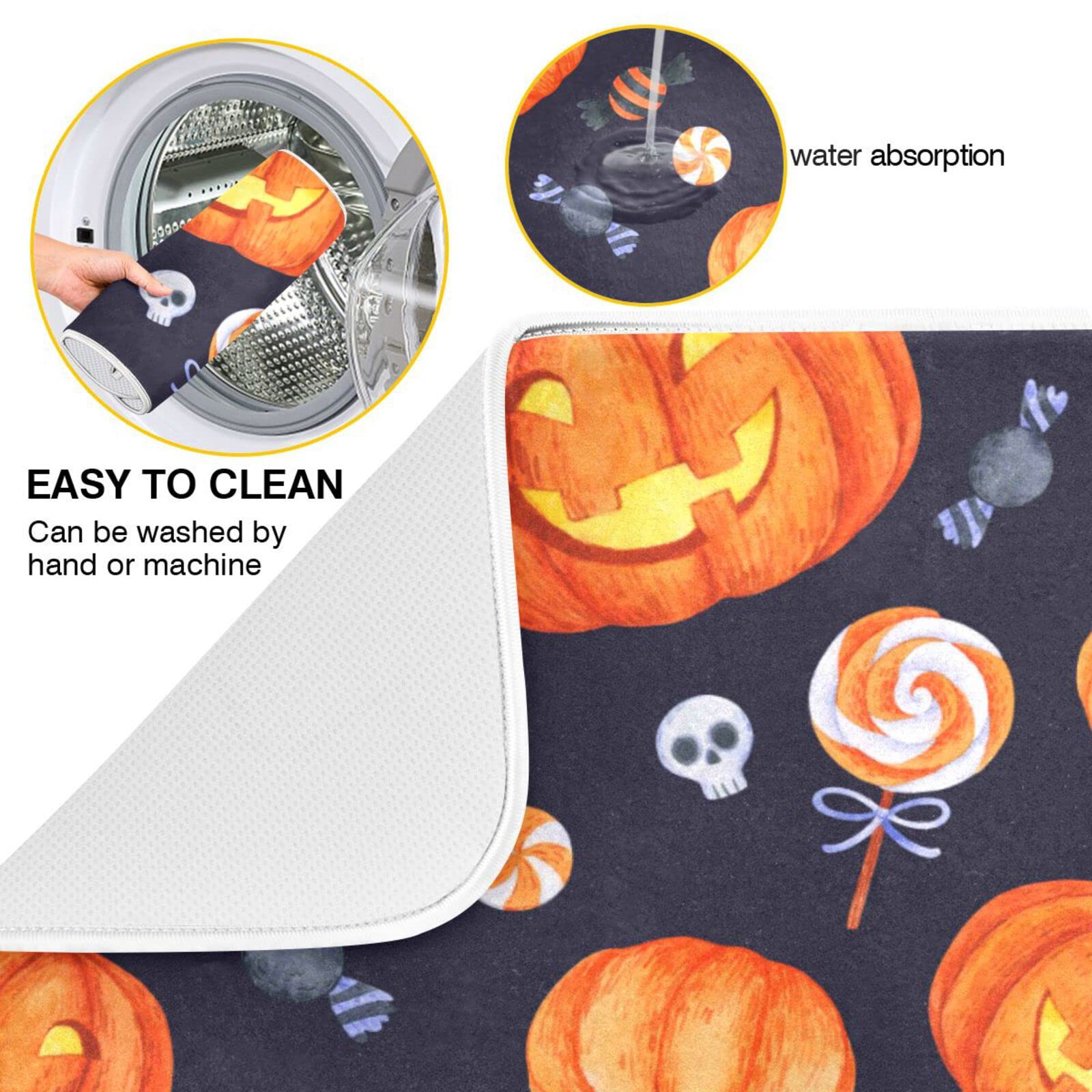 Halloween Pumpkin Candy Dish Drying Mat - 18x24 Inch Absorbent Microfiber Kitchen Counter Mat for Dishes, Drainer & Decor | Perfect for Halloween Party Serving, Kitchen Countertop Protection & Holiday Home Decor