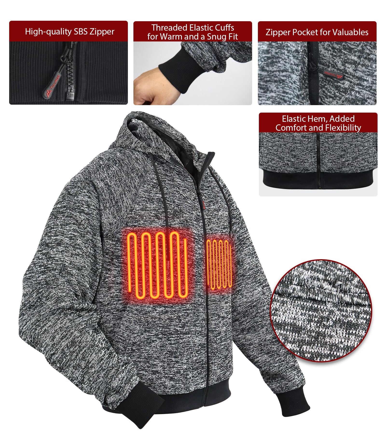 TOURGO Heated Hoodie for Men & Women - 12V 16000mAh Battery Pack, 3 Heating Zones, USB-Powered Fleece Jacket with Hood - Perfect for Outdoor Activities, Camping, Hiking & Winter Sports