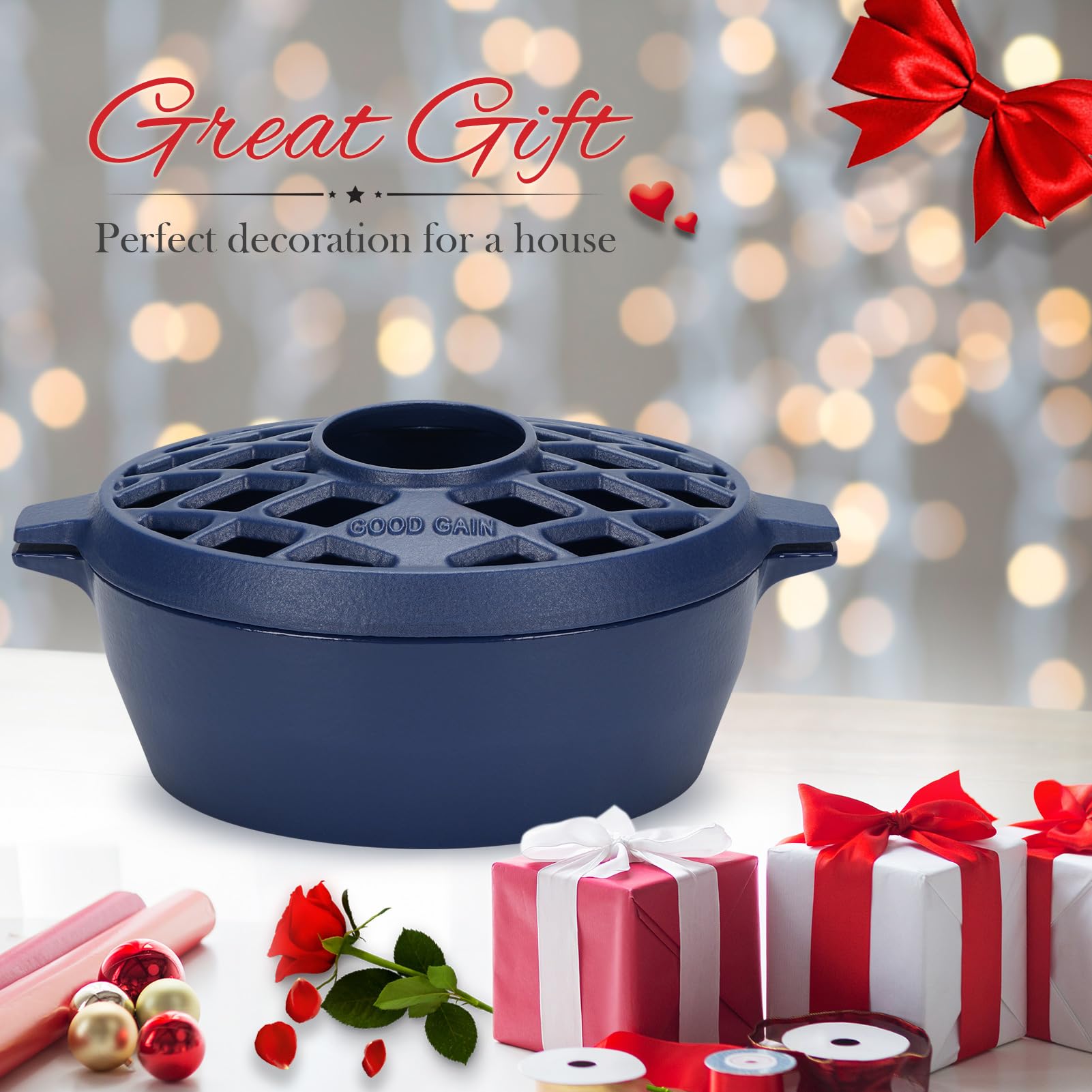 Premium Cast Iron Wood Stove Steamer & Fireplace Humidifier - 2.5 Quart Capacity, Rust-Resistant Matte Blue Finish with Lattice Top - Perfect for Indoor Wood Burning Stoves & Cozy Winter Home Decor