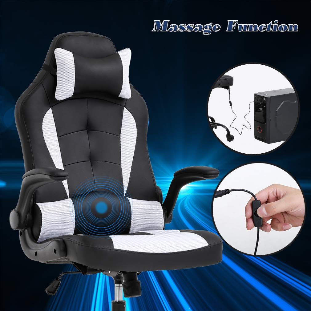 Ergonomic Massage Gaming Chair - PU Leather Office Desk Chair with Lumbar Support, Adjustable Headrest & Flip-Up Armrests, Swivel Rolling Base - Comfortable for Women & Adults (White) - Perfect for Home Office, Gaming Setup & Workstation