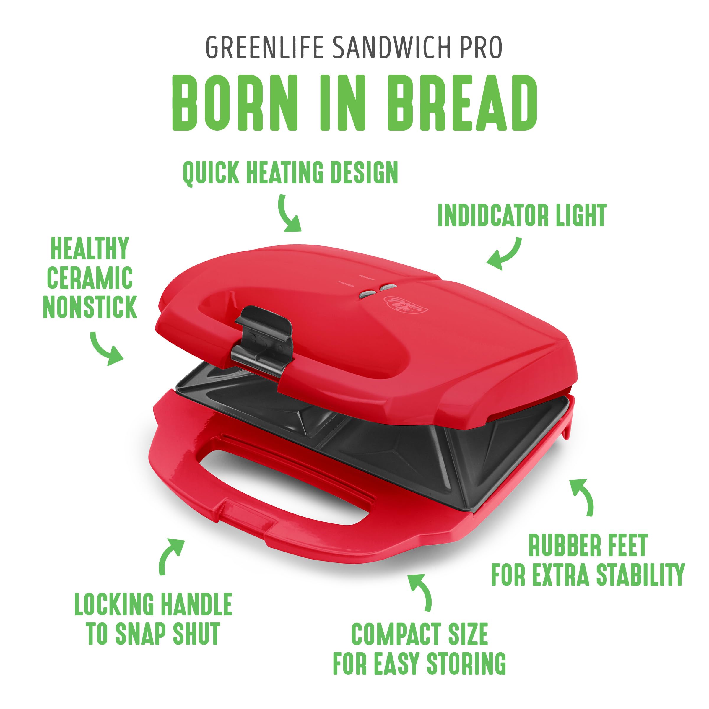 GreenLife Pro Electric Panini Press Grill & Sandwich Maker - Healthy Ceramic Nonstick Plates, PFAS-Free, Easy Indicator Light - Perfect for Grilled Cheese, Paninis, Sandwiches & Breakfast Cooking (Red)