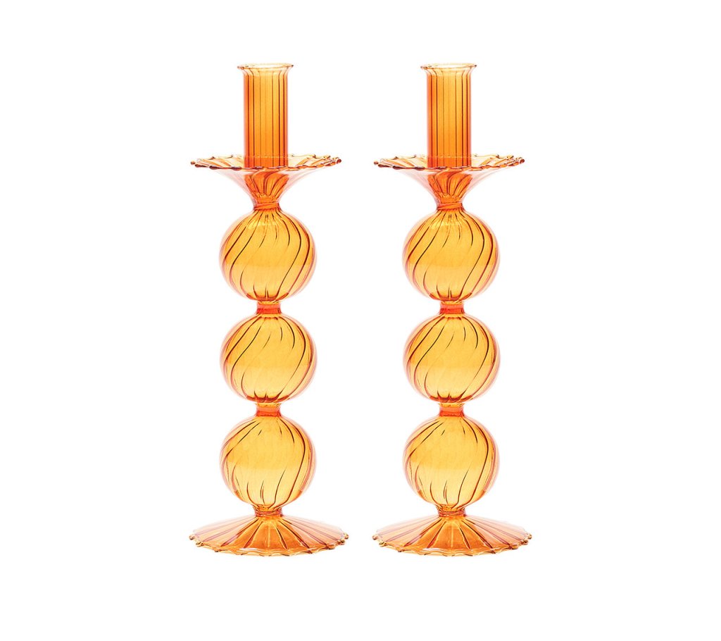 Amber Glass Iris Tall Candle Holders Set of 2 - Elegant Home Decor for Dining Table, Wedding Centerpiece & Romantic Ambiance