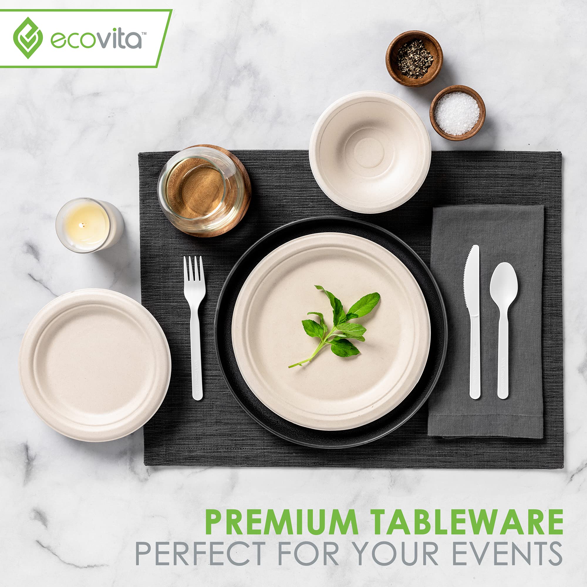 Eco-Friendly 100% Compostable Cutlery Set - 380 Large Disposable Forks, Spoons & Knives (7 Inch) | Durable, Heat-Resistant Alternative to Plastic Silverware with Convenient Tray | Perfect for Parties, Picnics, BBQs & Catering Events