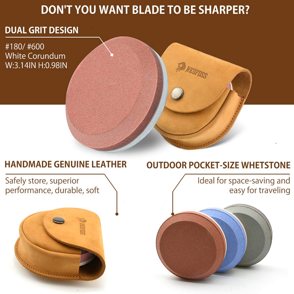 NedFoss Dual Grit Axe Sharpener Tool with Leather Sheath - Multi-Purpose Whetstone for Hatchets, Knives & Tools - 2-Sided Sharpening Puck (Red) - Perfect for Camping, Hunting & Outdoor Survival Gear