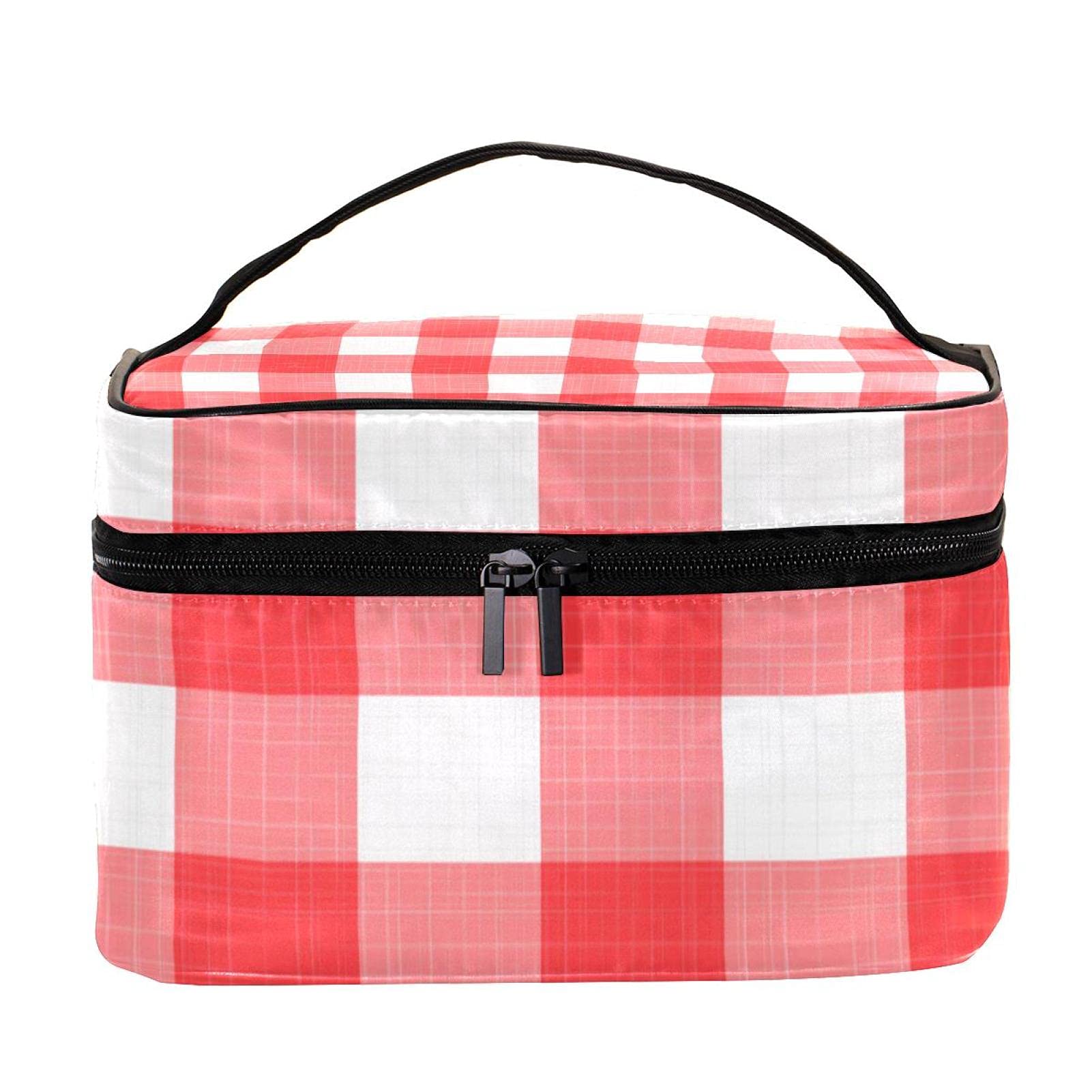 Red Plaid Travel Makeup Bag - Large Waterproof Cosmetic Organizer with Zipper for Women & Girls | Perfect for Vacation, Gym, Business Trips & Daily Essentials Storage