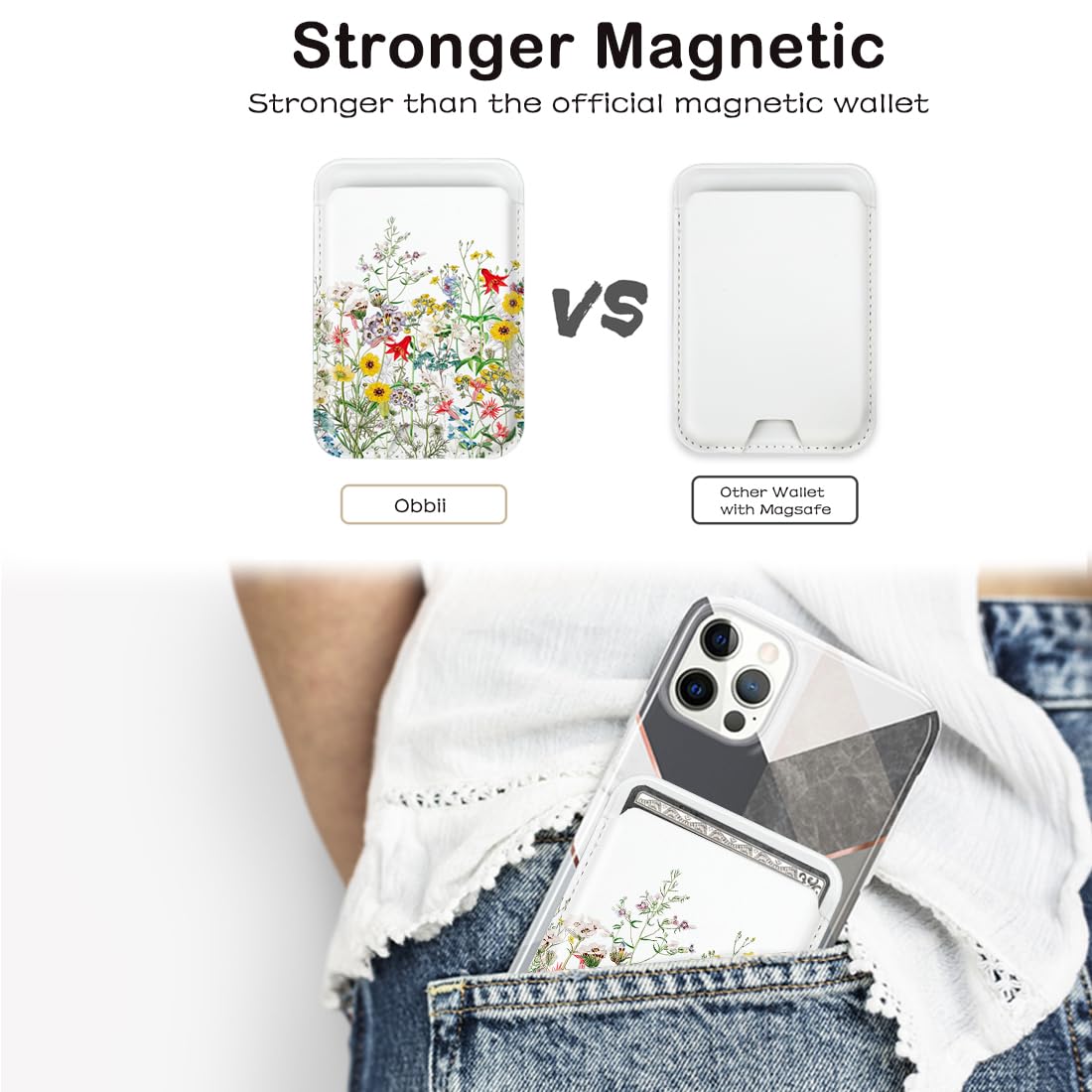 Magnetic MagSafe Wallet for iPhone 16/15/14/13/12 Pro Max/Plus/Mini - Detachable PU Leather Card Holder with Wildflowers Design | Slim RFID Blocking Wallet for Credit Cards & ID | Perfect for Travel, Shopping and Everyday Use