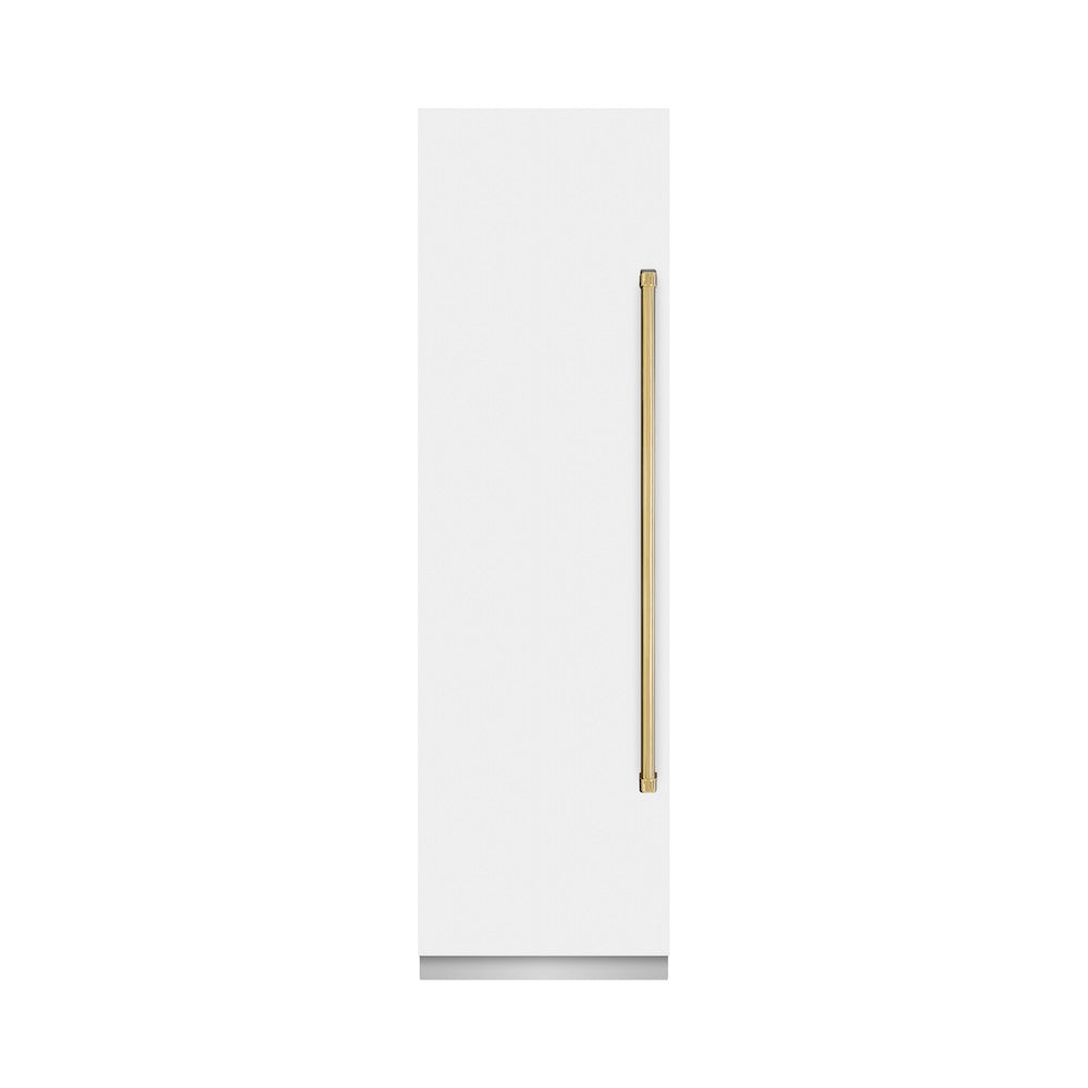 ZLINE Autograph Edition 24 Inch 12.4 Cubic Feet Column Freezer - White Matte Exterior with Graphite Gray Interior & Polished Gold Accents (RCFVZ WM 24 G) | Perfect for Home Kitchen, Basement Storage & Commercial Use