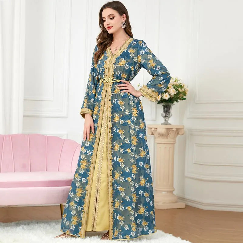 Elegant 2-Piece Eid Dress Set - Floral Printed Kaftan with Satin Lining | Muslim Women's Holiday Outfit for Special Occasions & Celebrations
