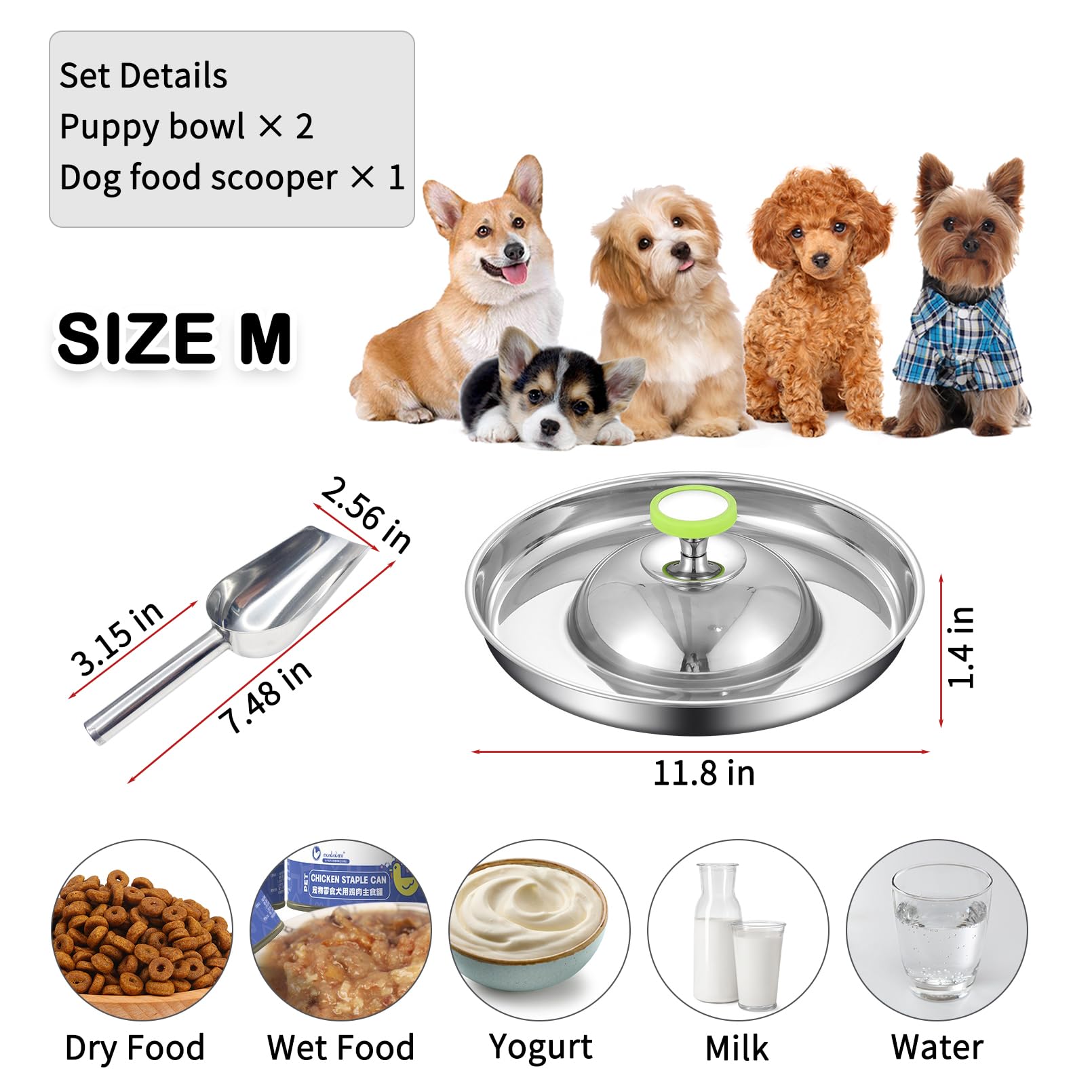 Fhiny 2-Pack Stainless Steel Slow Feeder Dog Bowls with Handle - 11.8