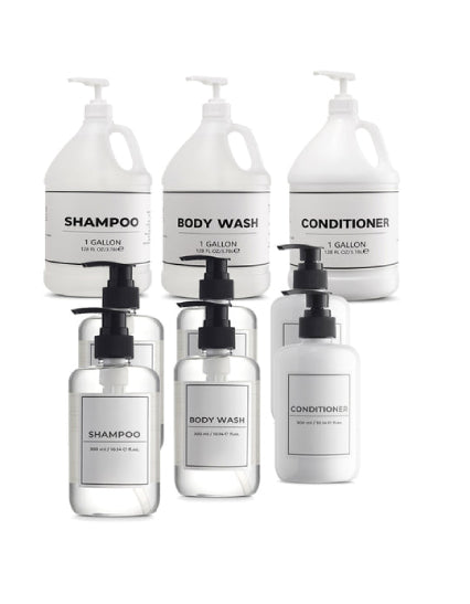 3 Gallon Bulk Hotel Toiletries Refill Kit with 6 Pre-Filled 300ML Pressure Pump Bottles - Shampoo, Conditioner & Body Wash Set | White Label | Perfect for Hotels, Spas & Hospitality Businesses