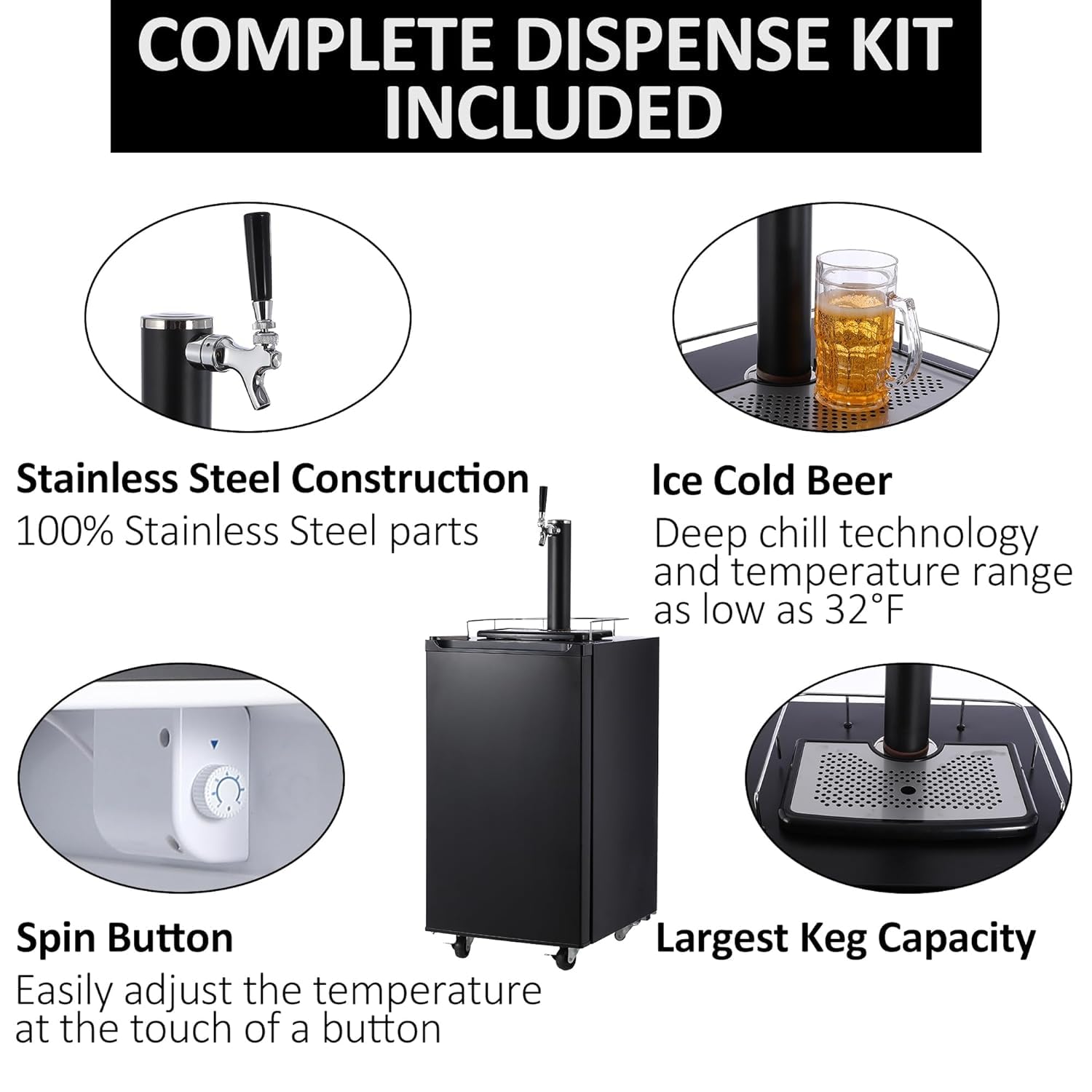 Commercial Kegerator with Single Faucet - Full Size Stainless Steel Keg Refrigerator for Beer Dispensing | Includes Drip Tray, Shelves & Rail | Perfect for Home Bars, Parties & Restaurants (Black)