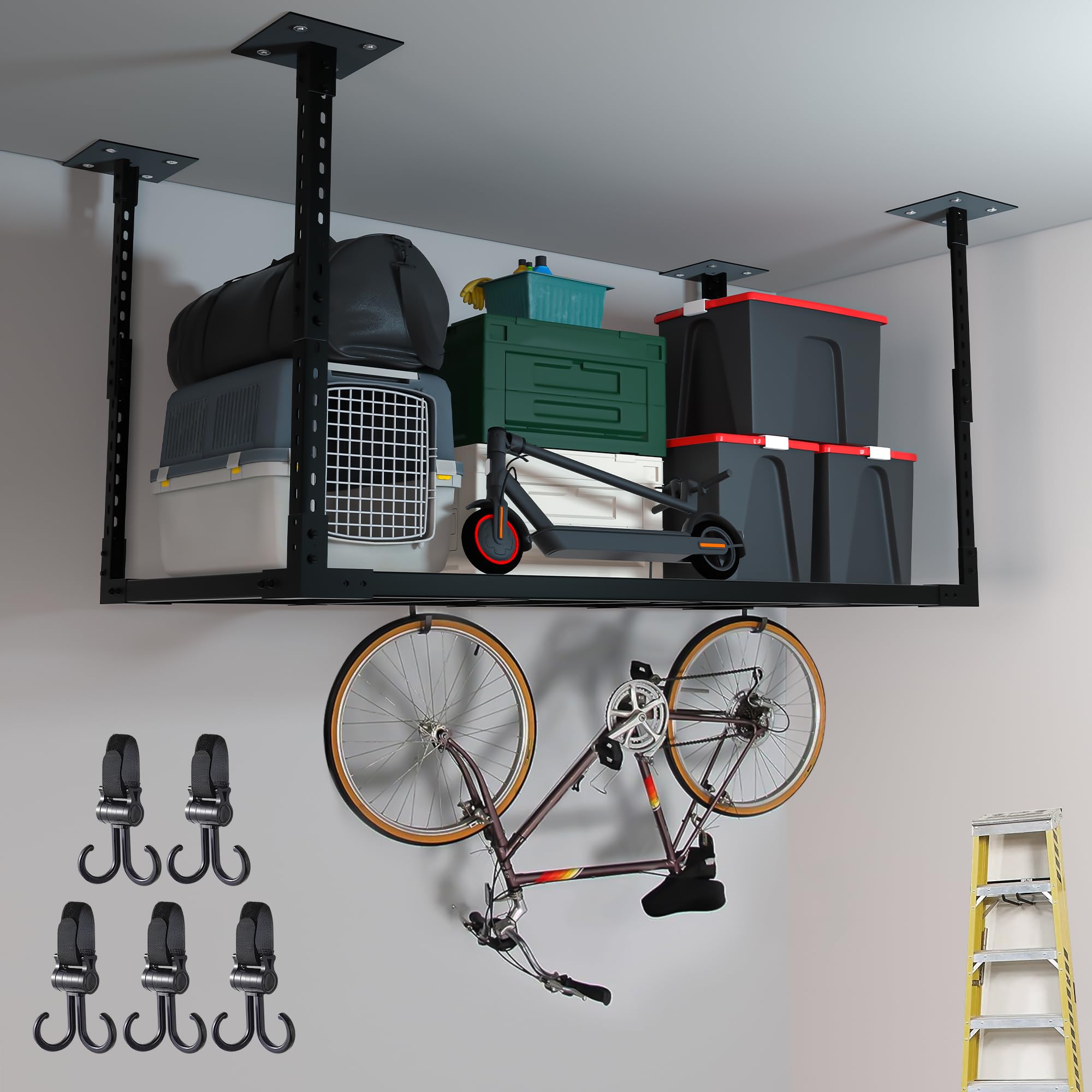 2×4' Heavy Duty Overhead Garage Storage Rack - Adjustable Ceiling Shelving System with 1100 lbs Capacity - Black (Bottomless) - Perfect for Organizing Tools, Sports Gear & Seasonal Items