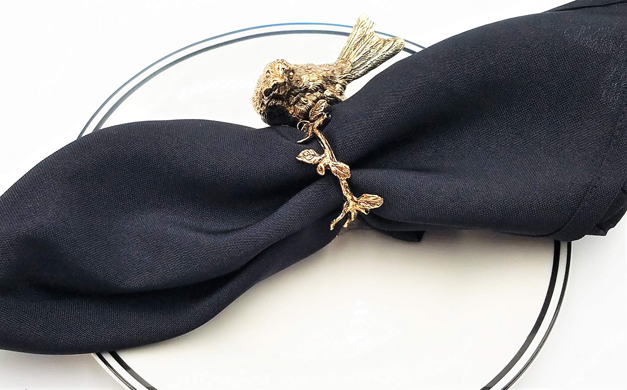 Antique Gold Metallic Napkin Rings Set of 4 - Bird & Circular Branch with Leaves Design - Elegant Tableware for Dinner Parties, Weddings, and Holiday Place Settings
