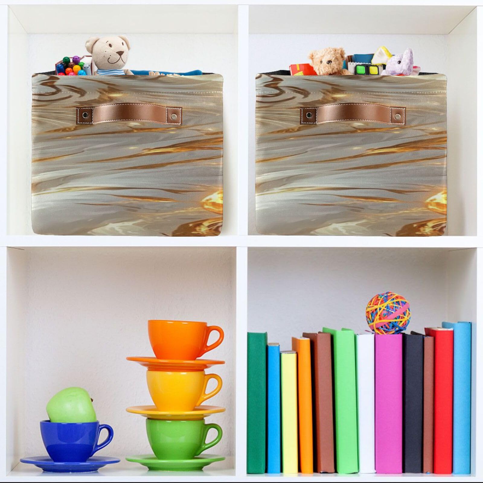 Large Foldable Storage Baskets with Handles - 2 Pack Golden Swirling White Tiger Pattern for Home Organization, Closet & Shelf Storage | Perfect for Bedroom, Bathroom & Kids Room Organization
