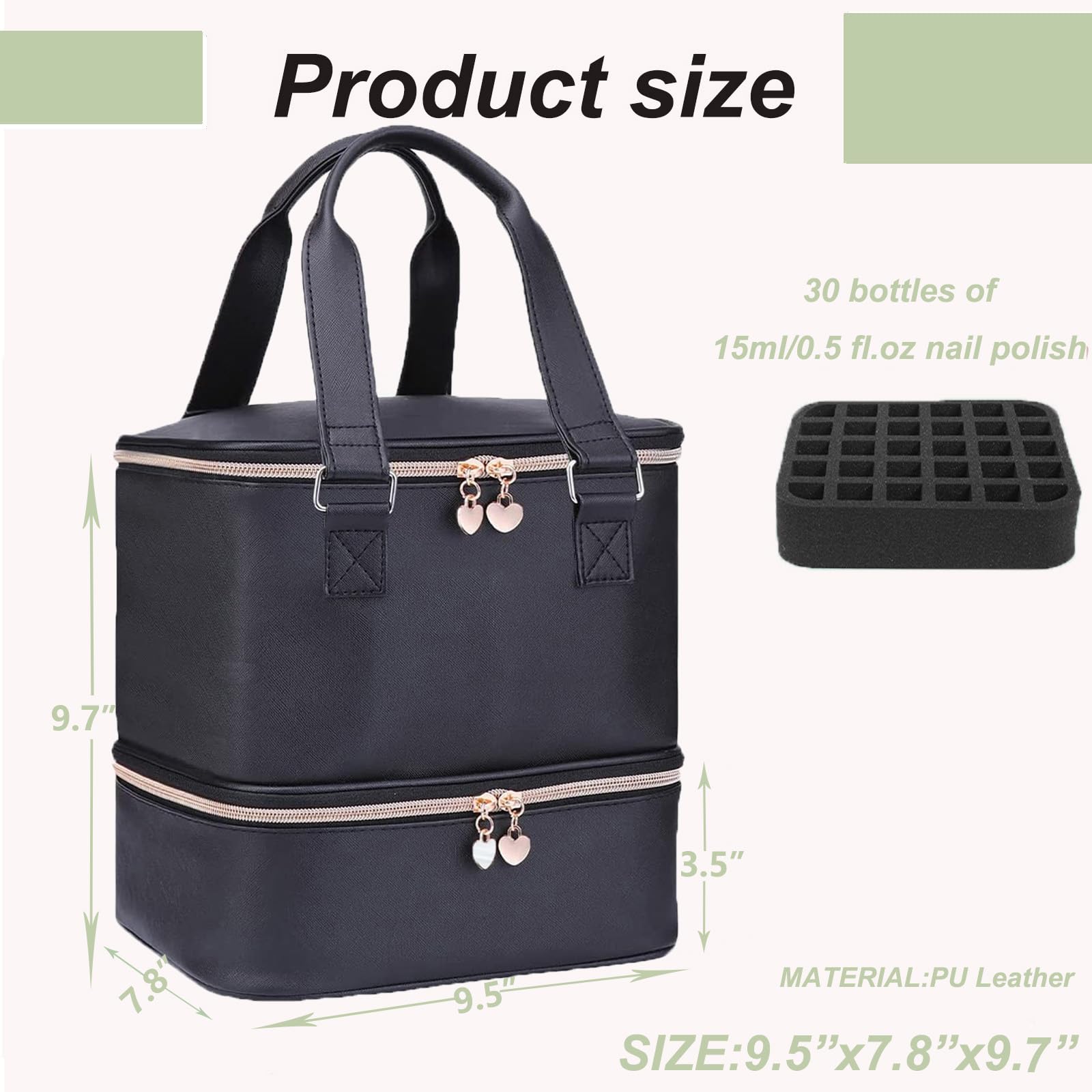 Premium Nail Polish Organizer Case - Holds 30+ Bottles (15ml/0.5 fl.oz) & Nail Lamp, Double-Layer Portable Nail Art Storage Bag for Professional Nail Technicians & DIY Enthusiasts - Perfect for Salon, Travel & Home Use (Black)