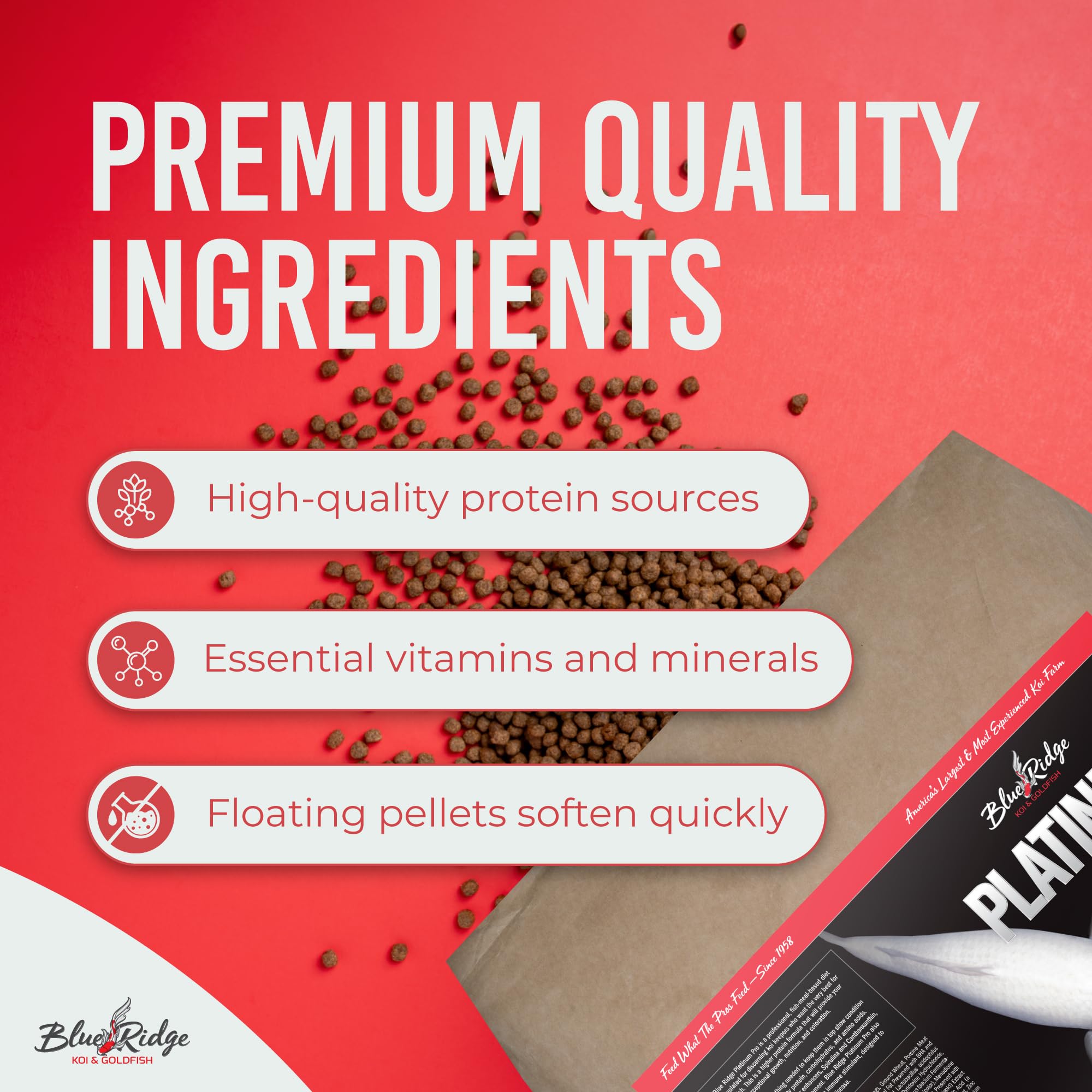 Premium Blue Ridge Koi Fish Food 50lb - Floating Pellets for Ponds & Goldfish