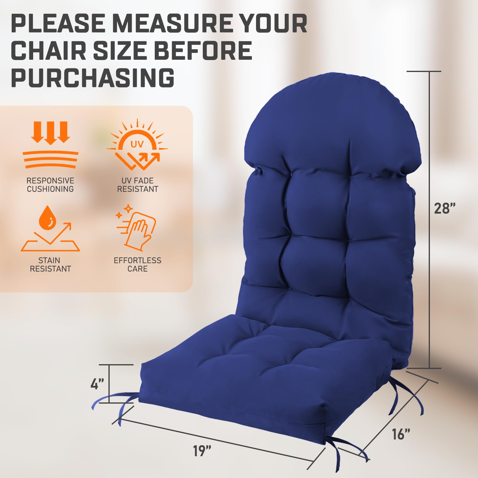 FUNBERRY 4-Piece Patio Chair Cushion Set - Thickened Comfortable Non-Slip Waterproof Outdoor Cushions with Ties for Rocking Chairs, High Back Support & Fade Resistant - Perfect for Porch, Deck, Garden & Poolside Relaxation