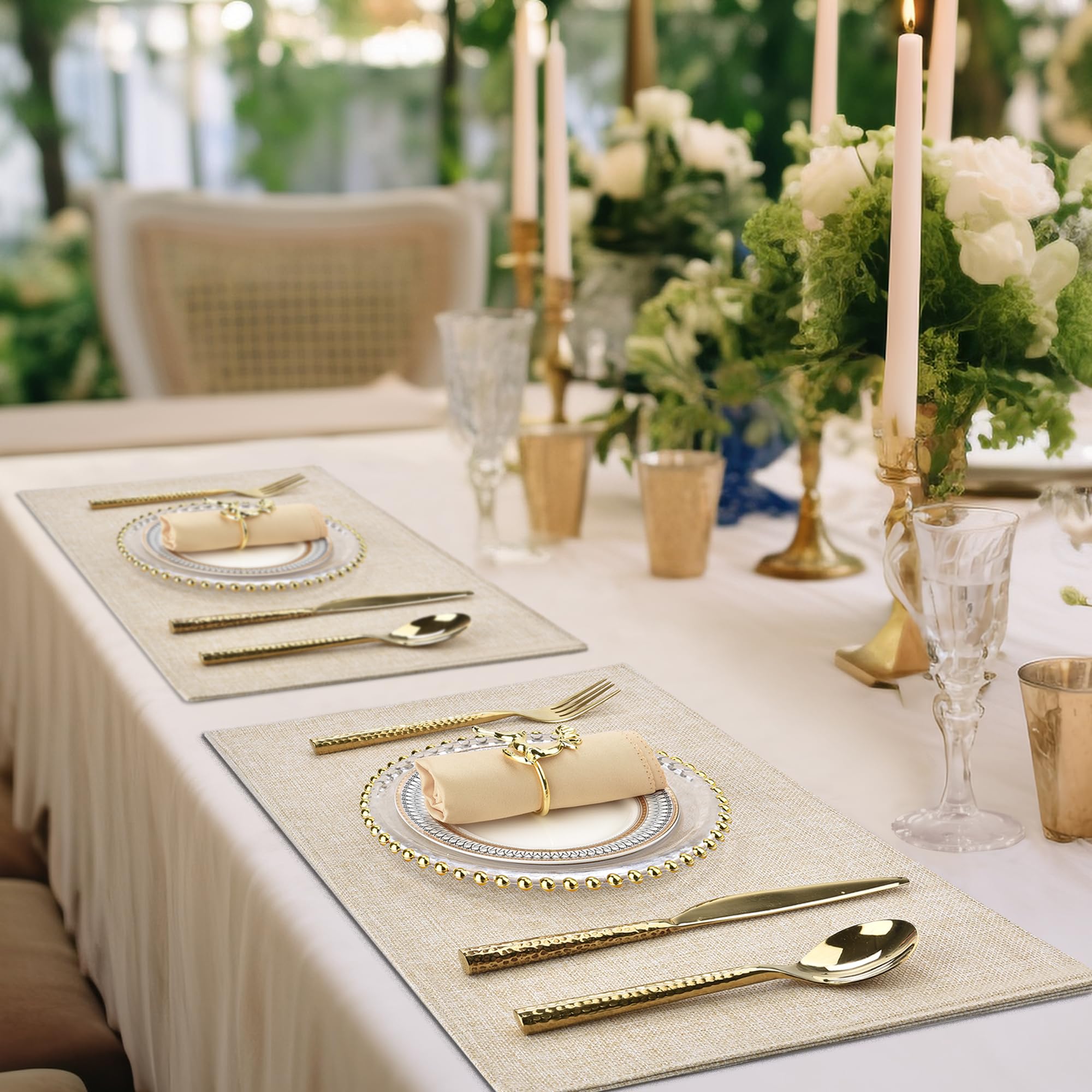 Premium Beige Linen-Style Placemats Set of 8 - Double Thickened, Machine Washable & Heat Resistant Table Mats - Non-Slip Fabric Place Settings for Dining Table, Kitchen, and Party Decor (Beige, 8-Pack)