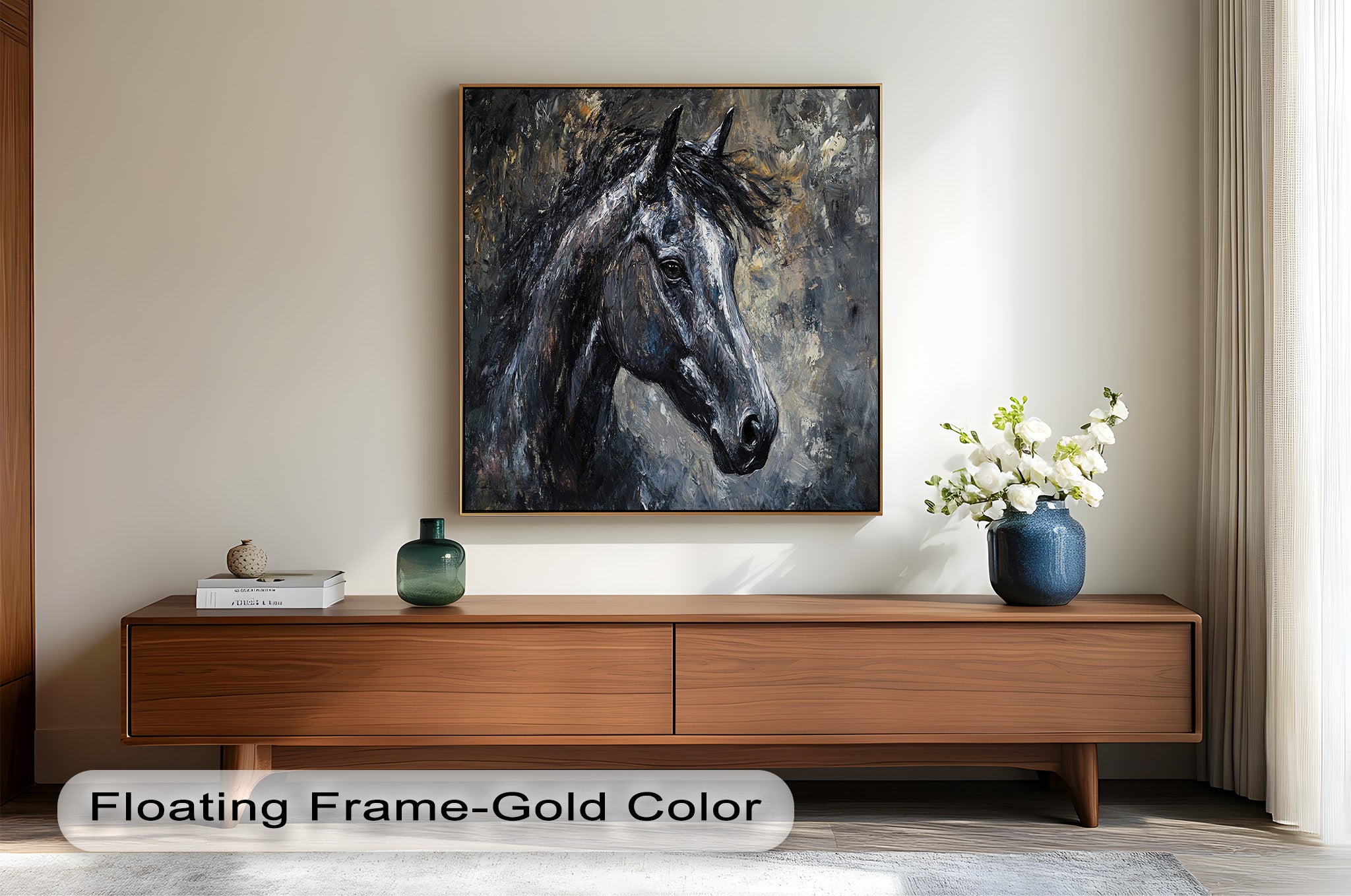 Black Horse Portrait Oil Painting - Handmade Animal Artwork for Home Decor, Office Wall Art & Gift Ideas