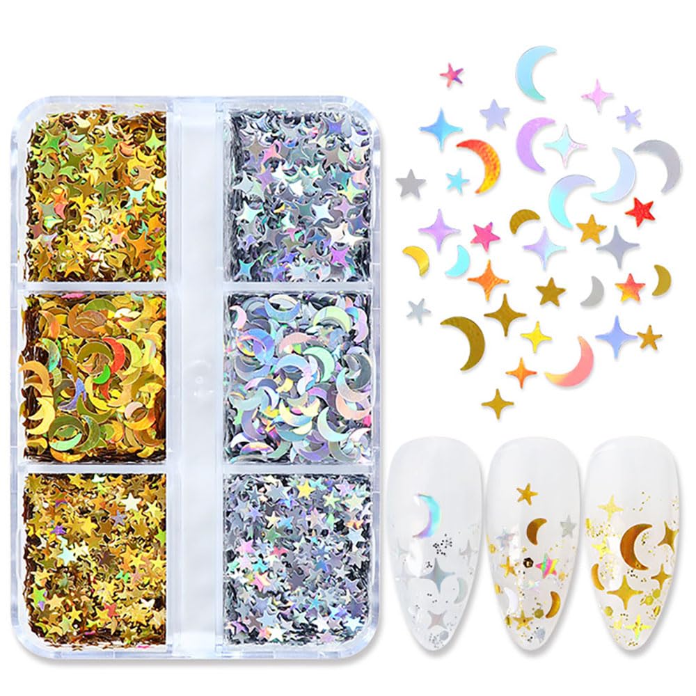 Dornail 6 Grids Nail Art Glitter Sequins Kit - Gold Silver Star Moon & 4-Pointed Stars 3D Nail Decorations for DIY Manicure | Shining Glitter Flakes for Nail Art, Party, Wedding & Salon Use