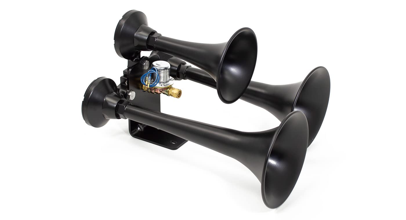 HornBlasters Outlaw Black 12/24 Volt Train Horn Kit - 3 Trumpet Air Horn for Trucks & Vehicles - Loud 150dB Sound for Emergency & Safety - Perfect for Semi Trucks, Boats & Off-Road Adventures