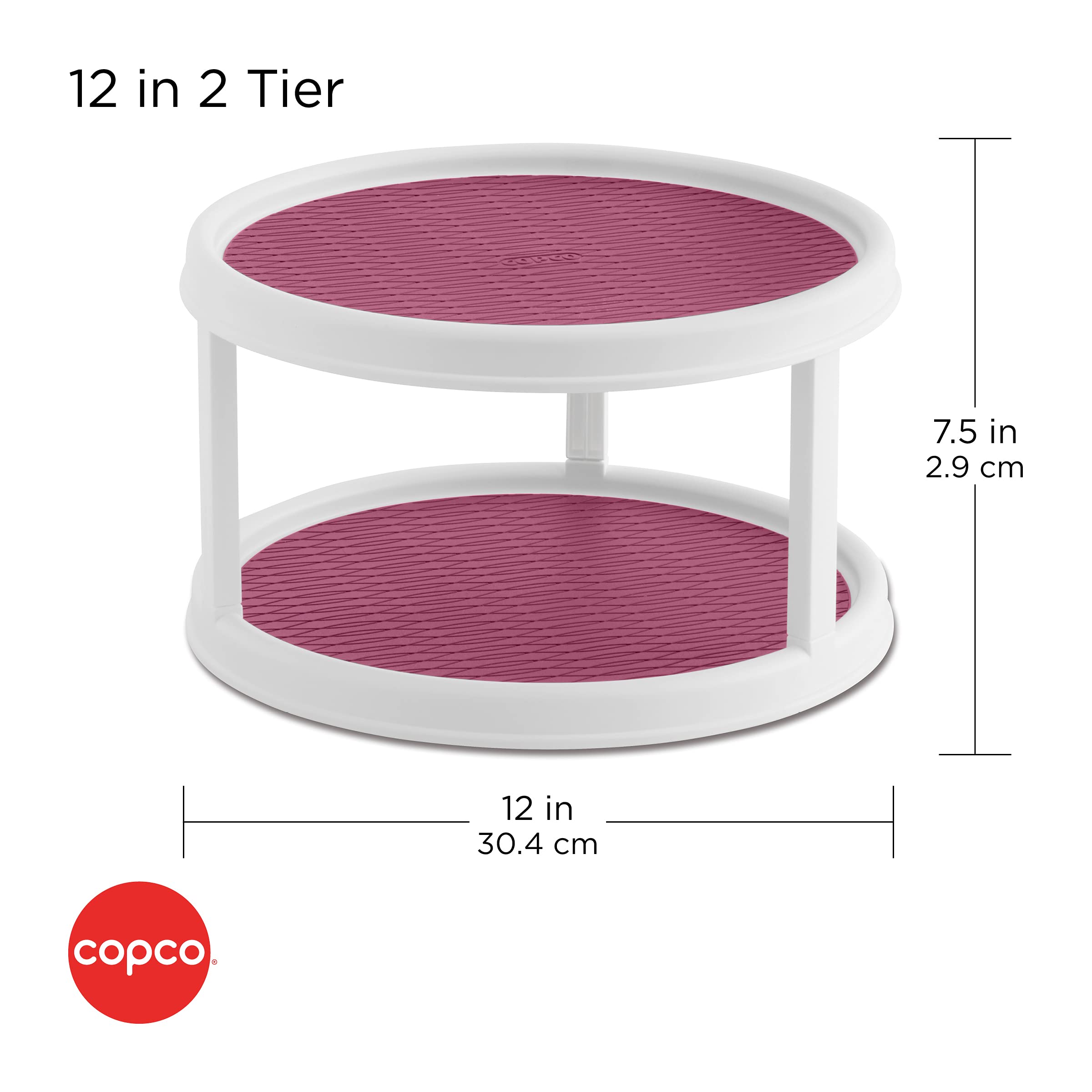 Copco 12-Inch Non-Skid 2-Tier Lazy Susan Turntable for Pantry Cabinet - White & Purple Spice Organizer | Perfect for Kitchen Storage, Spice Racks, and Cabinet Organization