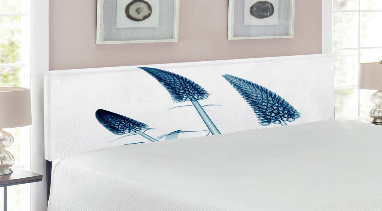 Ambesonne Floral Headboard - King Size Upholstered Metal Bed Frame with Memory Foam | Gooseneck Loosestrife Flower X-Ray Design in Teal & White | Exotic Botanical Decor for Master Bedroom, Guest Room & Luxury Hotel Suites