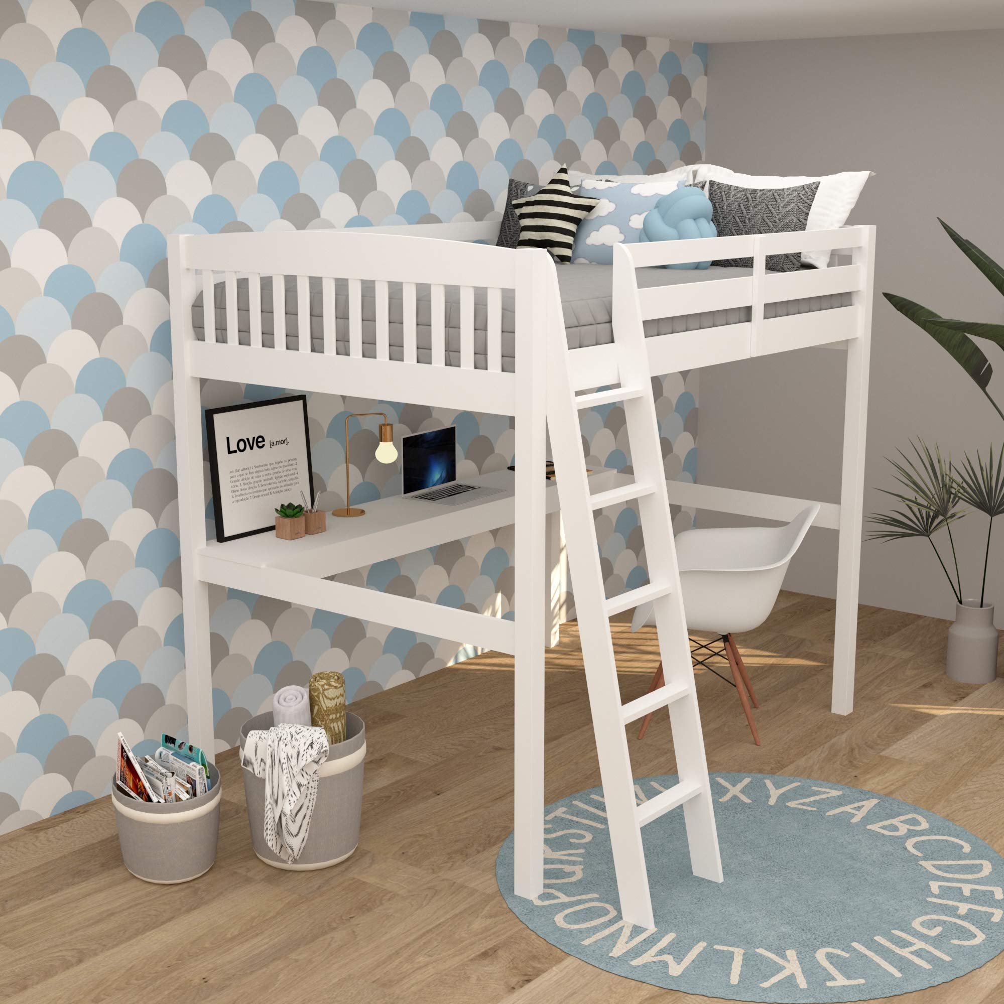 **Full Size High Loft Bed with Desk & Safety Guardrail - Sturdy Wooden Loft Bed for Kids, Teens, Adults - Slat Support & Angled Ladder - Perfect for Small Spaces, Dorms, Bedrooms (White)**