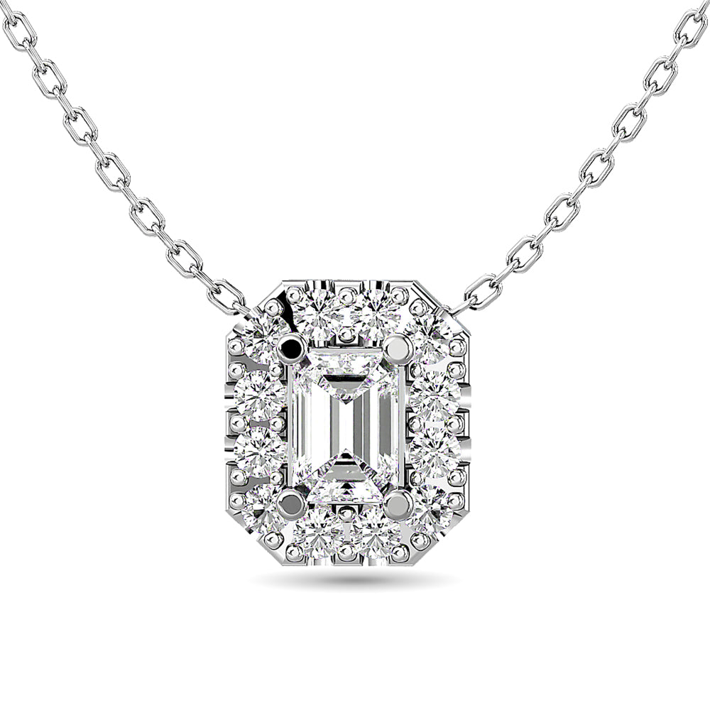 1/4 ct Diamond Emerald Cut Single Halo Necklace in 14K White Gold - Elegant Jewelry for Weddings, Anniversaries & Special Occasions