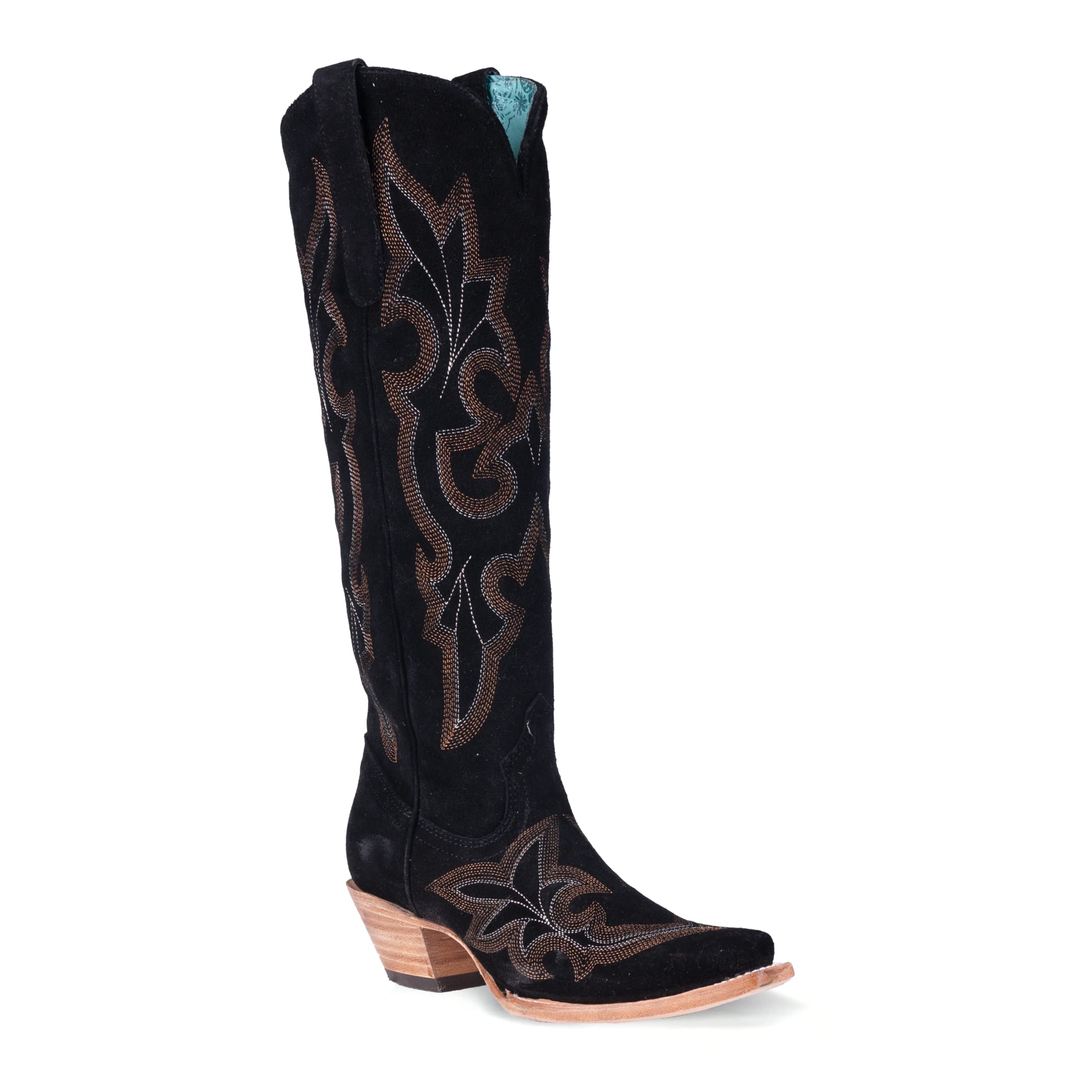 Women's Suede Embroidered Knee High Corral Boots - Snip Toe Mid Heel (2-3