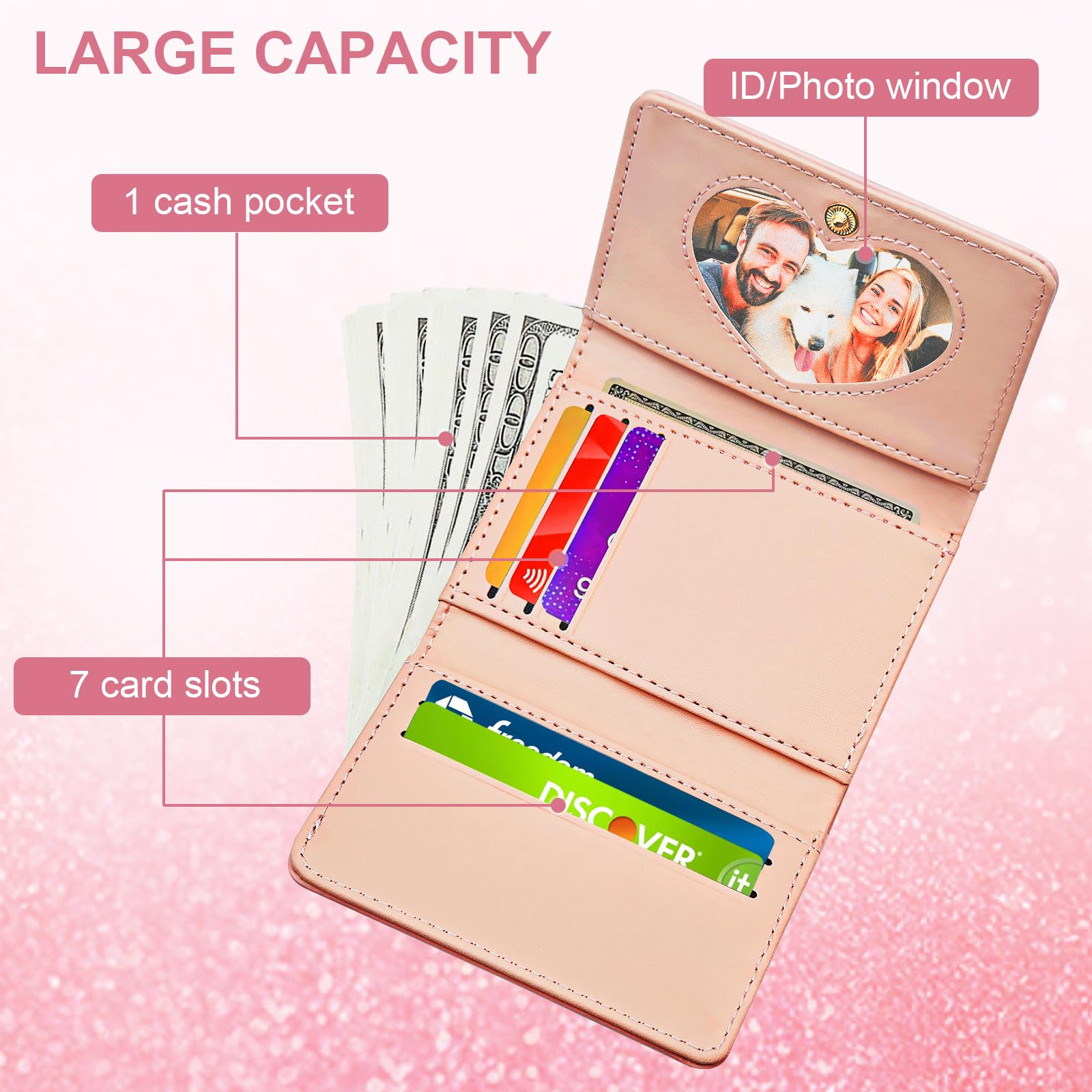 Stylish Pink Leather Trifold Wallet for Women & Girls - 7 Card Slots, Heart ID Window, Initial K - Perfect Gift for Sister, Friend, Birthday, Valentine's Day - Compact Front Pocket Wallet for Everyday Use, Travel & Shopping