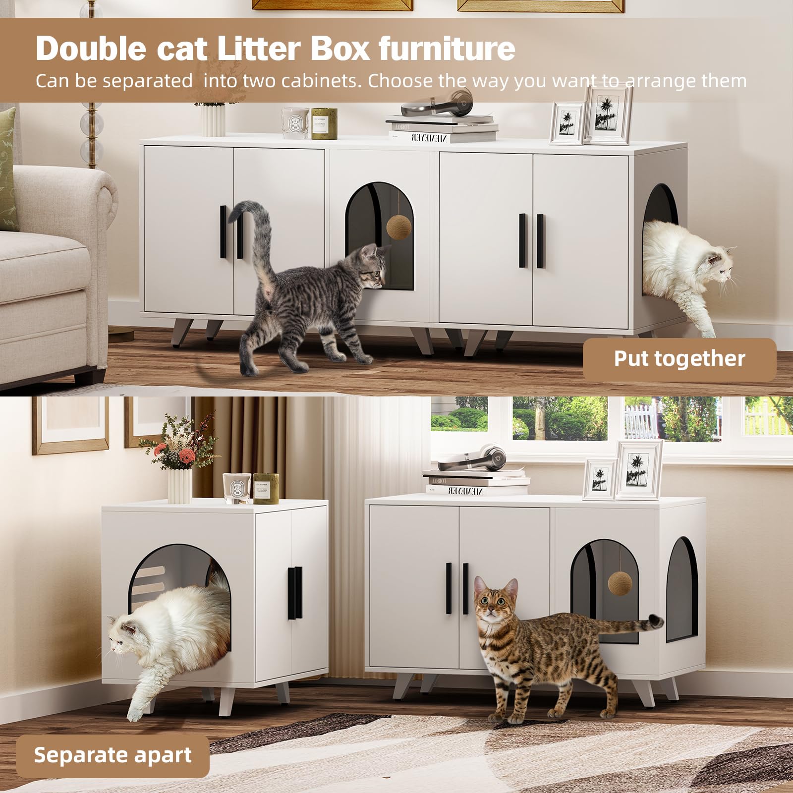 Large Cat Litter Box Enclosure Furniture for 2 Cats - Dual Storage Cabinet with Scratching Mat & Toy Ball - White - Perfect for Indoor Cat Owners & Small Spaces