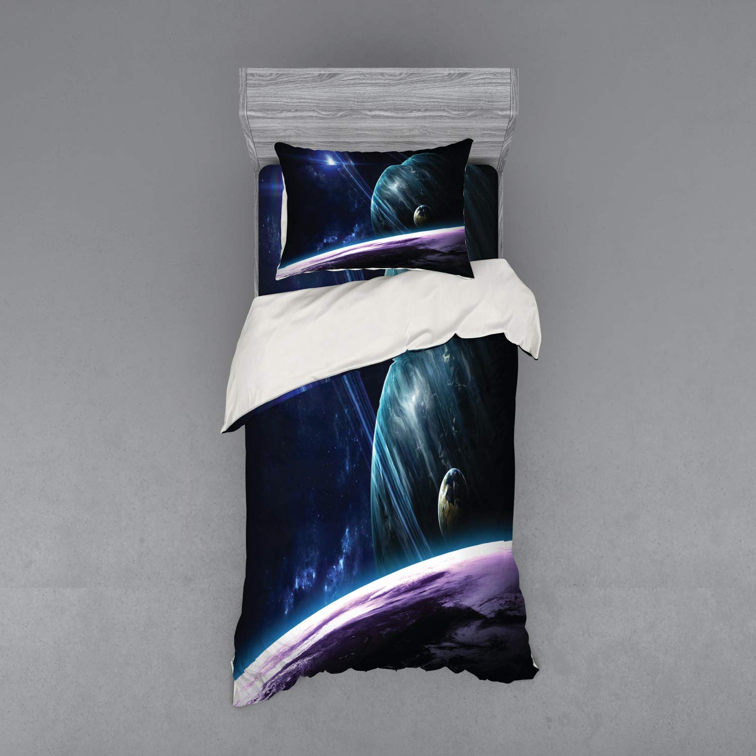 Ambesonne Galaxy Duvet Cover Set - Twin Size Blue Purple Universe Print with Planets & Stars, 3-Piece Bedding Set (Duvet Cover + 2 Pillow Shams) for Astronomy Lovers - Perfect for Kids' Rooms, Teen Bedrooms & Space-Themed Decor