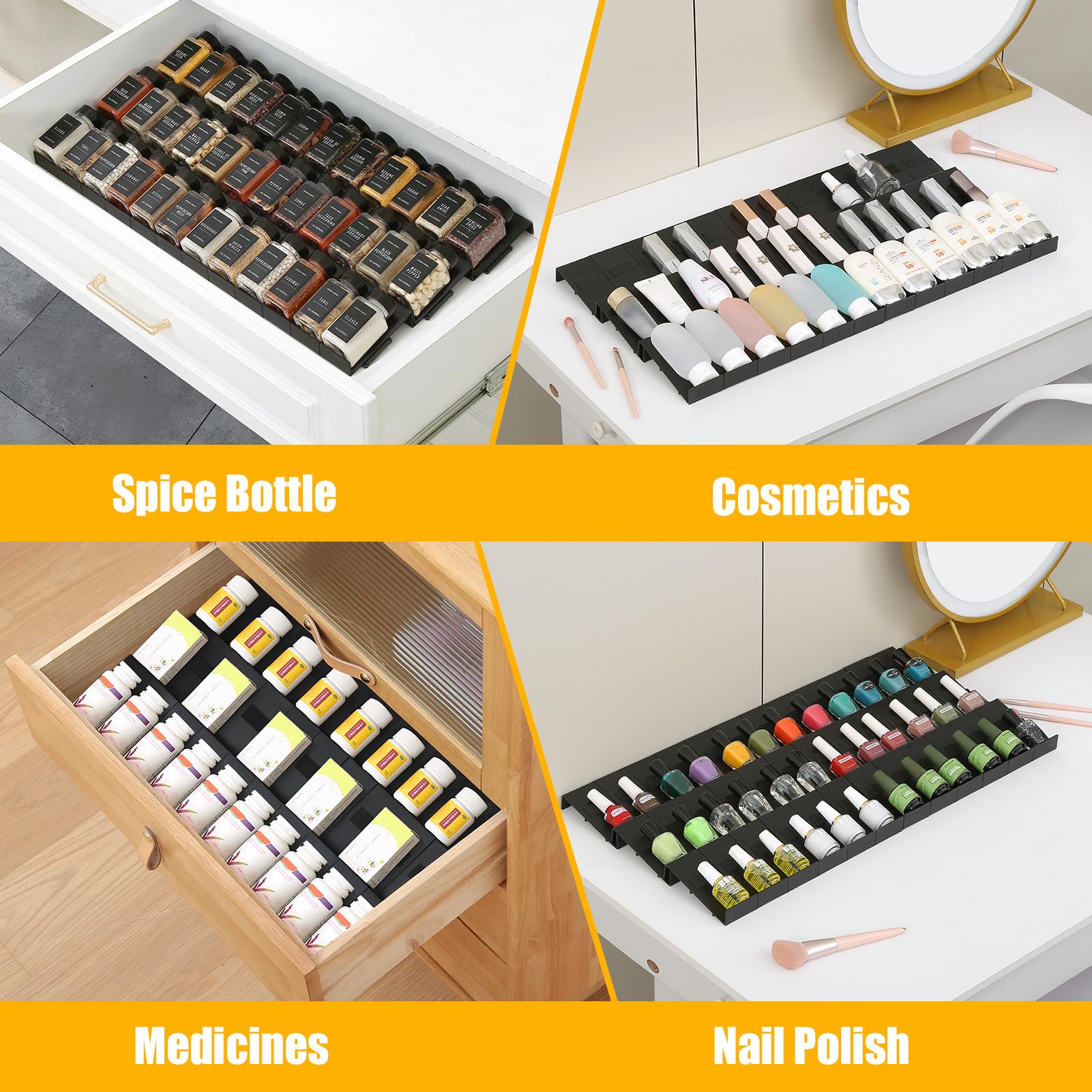 36PCS Expandable Spice Drawer Organizer - Interlocking Kitchen Drawer Tray Insert for Spice Jars & Seasonings | Perfect for Pantry, Cabinet & Countertop Organization