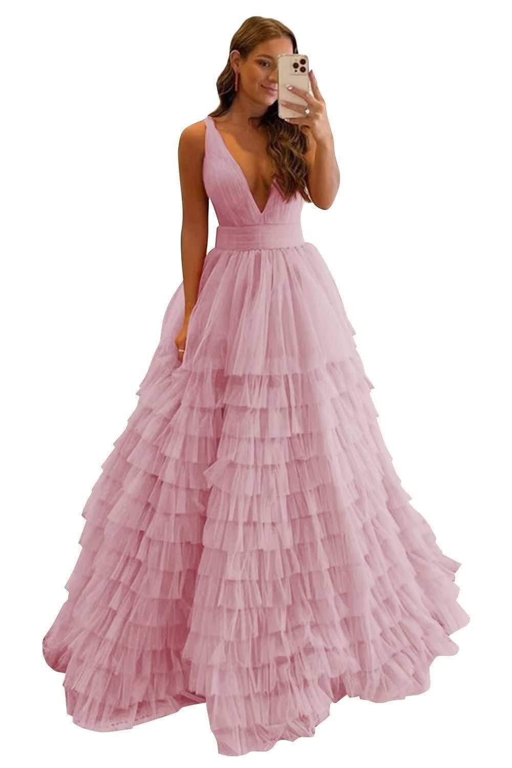 Elegant CWOAPO Tiered Tulle Prom Dress - Long Puffy Ball Gown with V-Neck & A-Line Silhouette for Weddings, Formal Evenings & Special Occasions | Perfect for Homecoming, Quinceañera & Black Tie Events